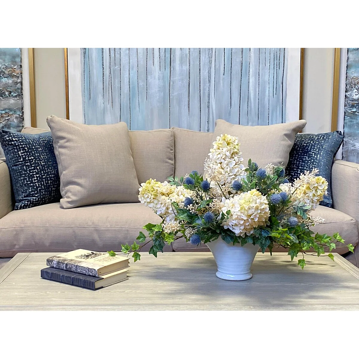 Cone Hydrangea, Thistle and Ivy Floral Arrangement in Ceramic Vase