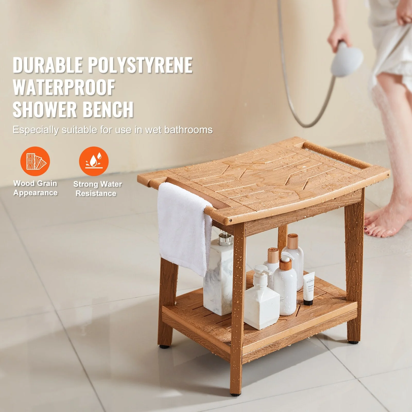 Shower Bench Waterproof Non-Slip Shower Chair Seat, for Bathroom Living Room Bedroom