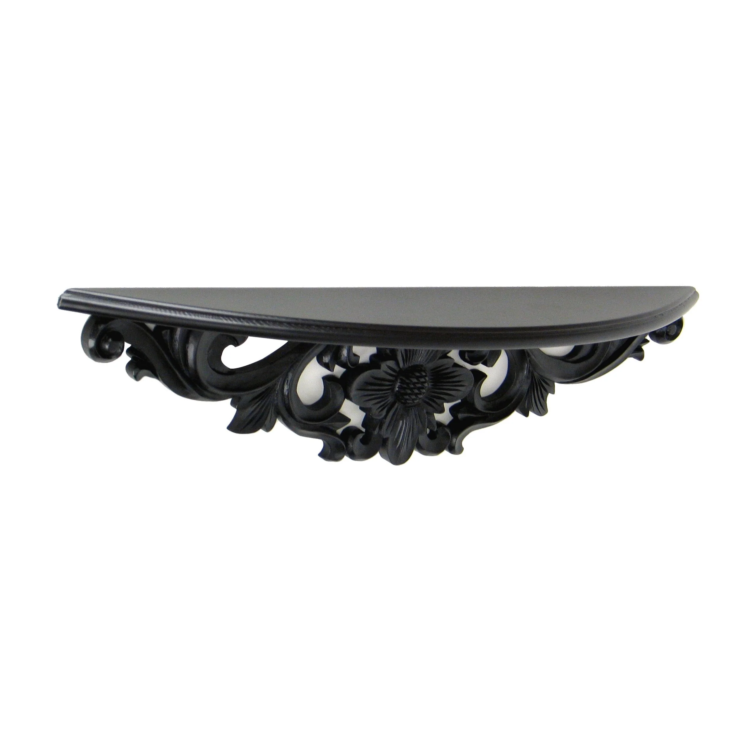 Hand Carved Wooden Moonbay Wall Shelf in Floral Design, Black