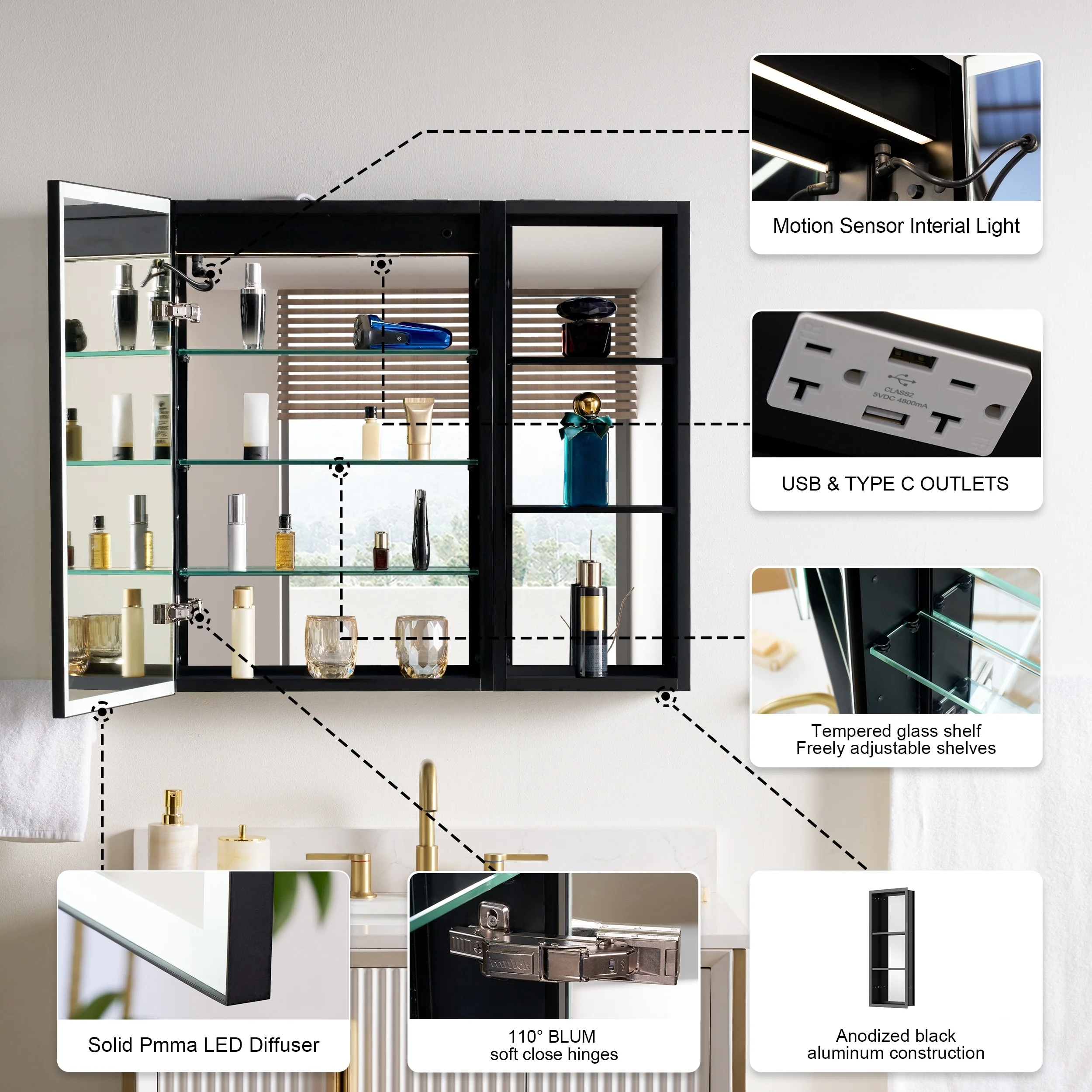 30 in. H Recessed or Surface Wall Mounted LED Mirror Cabinet With Black Side Cabinet