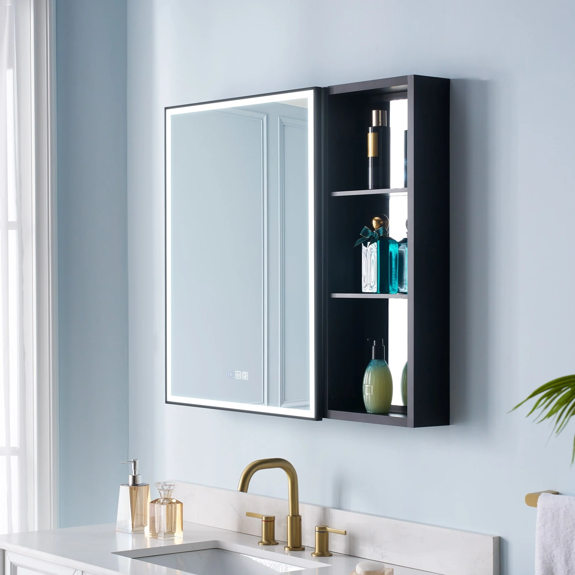 30 in. H Recessed or Surface Wall Mounted LED Mirror Cabinet With Black Side Cabinet