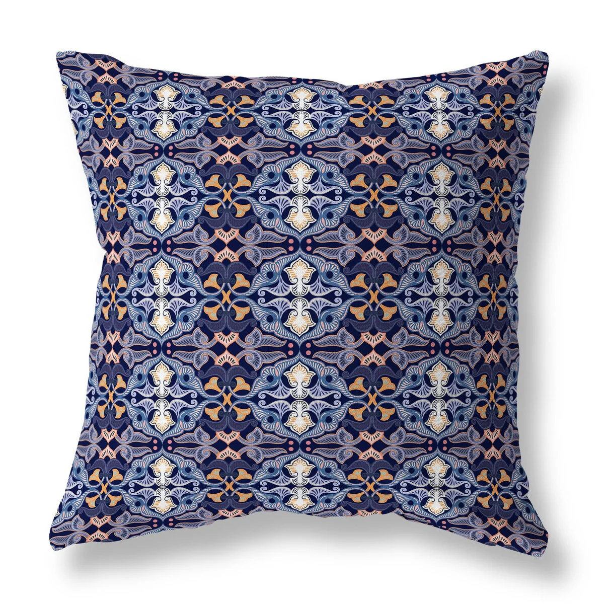 Blue And Orange Floral Elegance Indoor/Outdoor Throw Pillow Zipper
