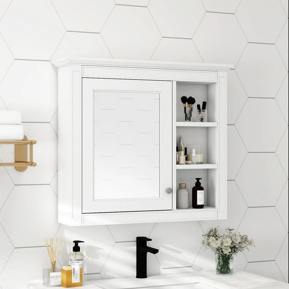 30'' x 28'' Wall Mounted Bathroom Storage Cabinet, Modern Bathroom Wall Cabinet with Mirror,Mirror Cabinet with 3 Open Shelves