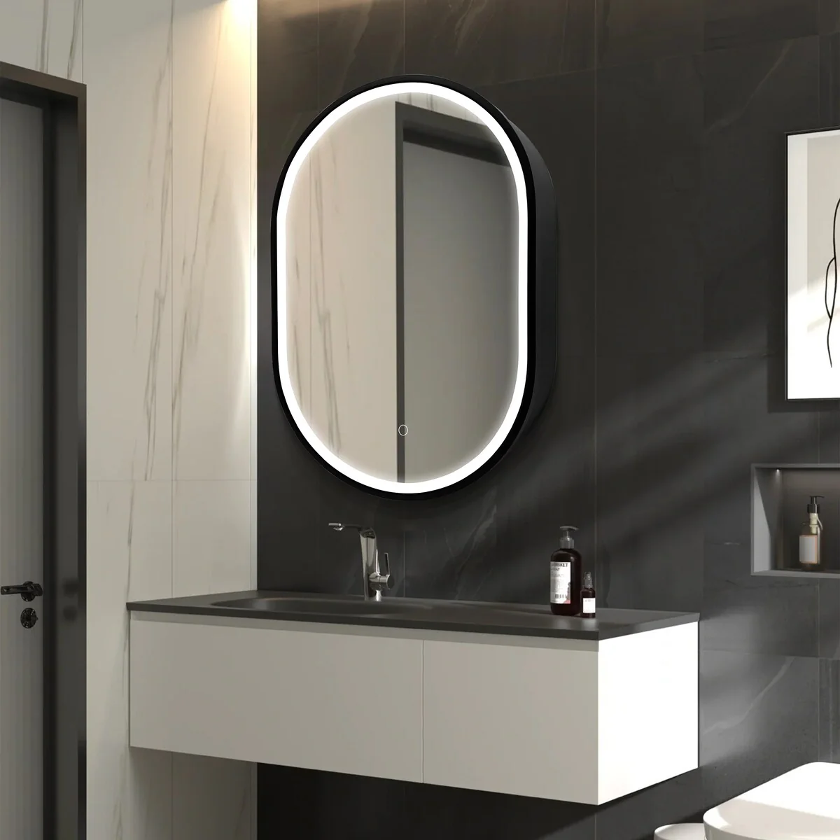 LED Oval Black Metal Framed Wall mount Bathroom Medicine Cabinet