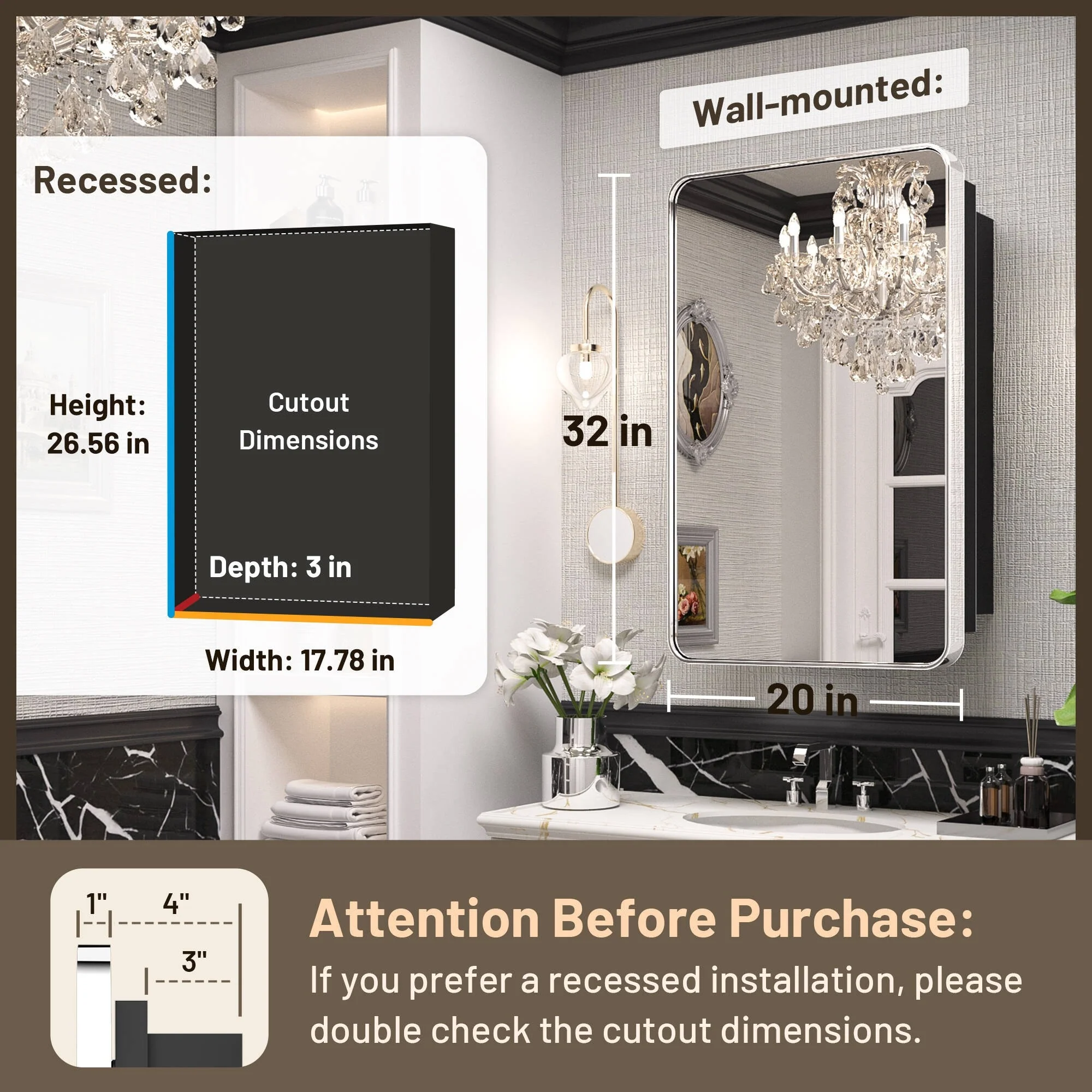 KEONJINN Medicine Cabinets for Bathroom with Mirror, Stainless Steel 1-3 Framed Doors