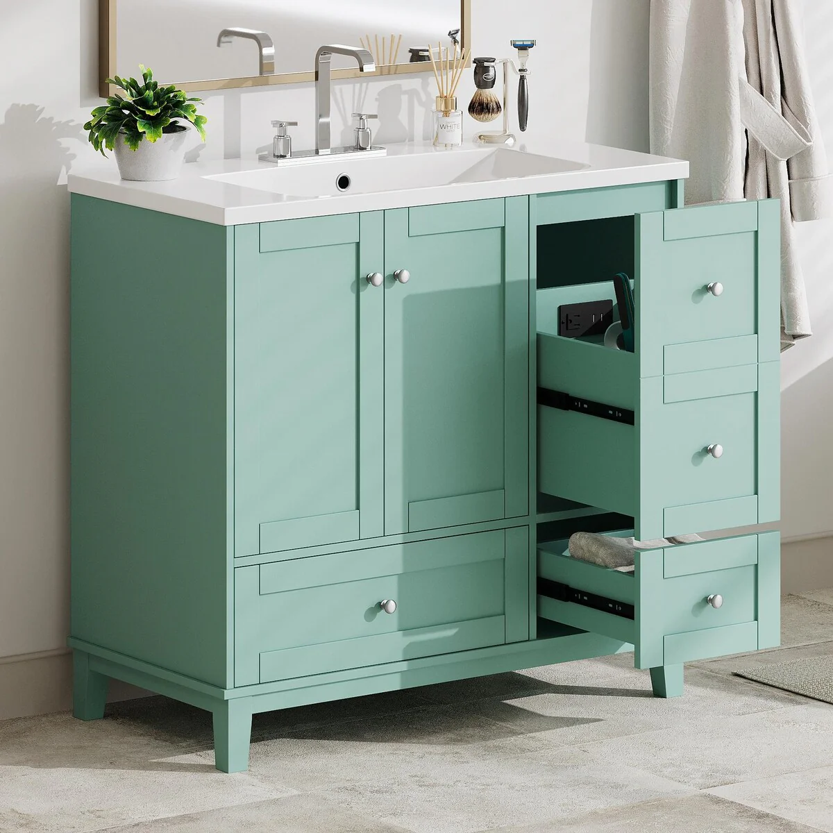 Modern 36-Inch Bathroom Vanity with Resin Sink and Ample Storage