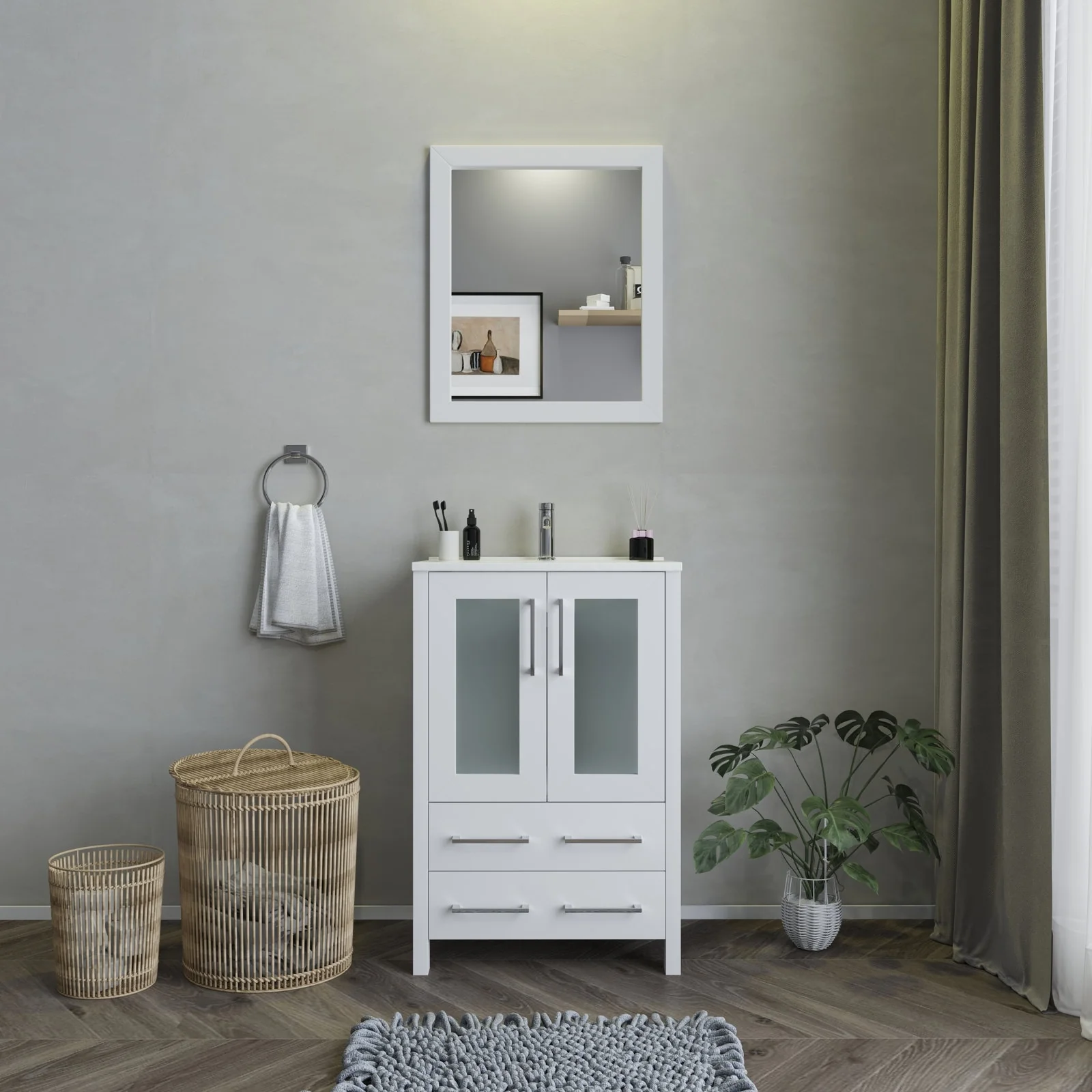 Vanity Art 24-Inch Single Sink Bathroom Vanity Set 2 Drawers, 1 Cabinet, 1 Shelf, Soft-Closing Doors with Free Mirror