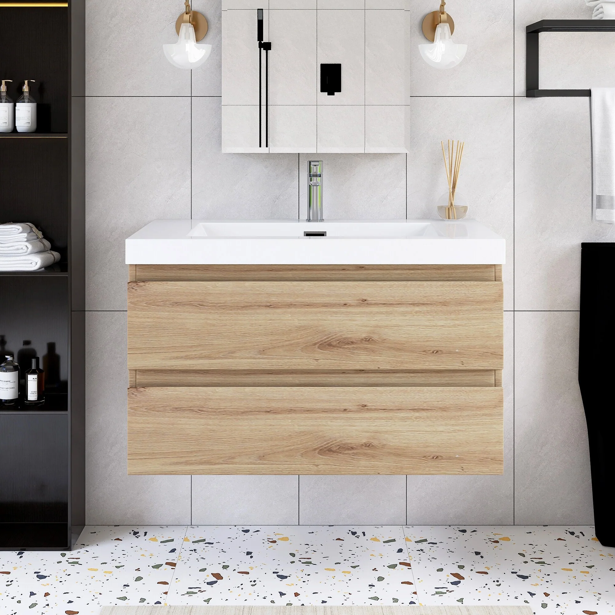Angela Wall Mounted Bathroom Vanity in F. Oak with White Cultured Marble Top