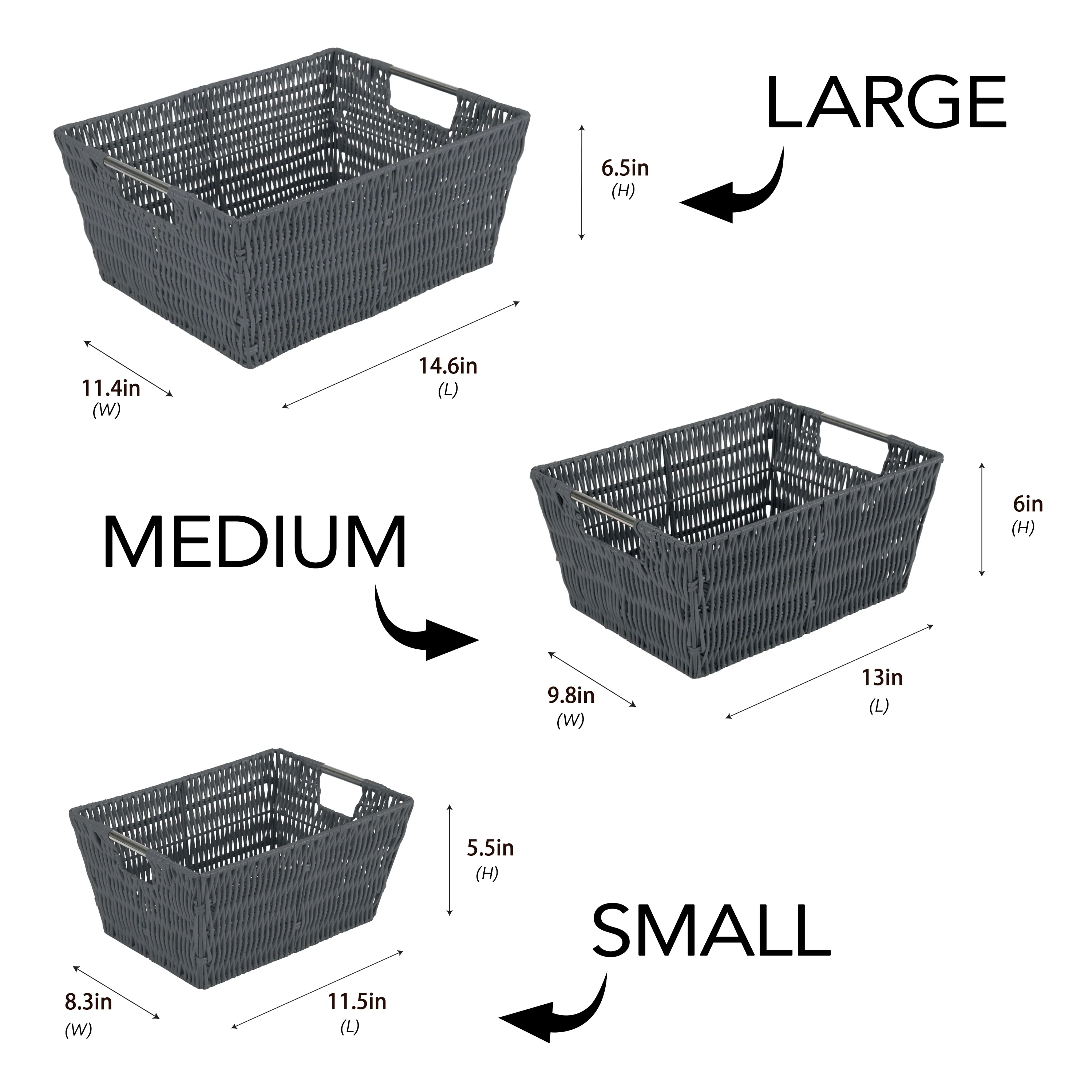 Simplify 3 Pack Set Rattan Tote Baskets in Charcoal