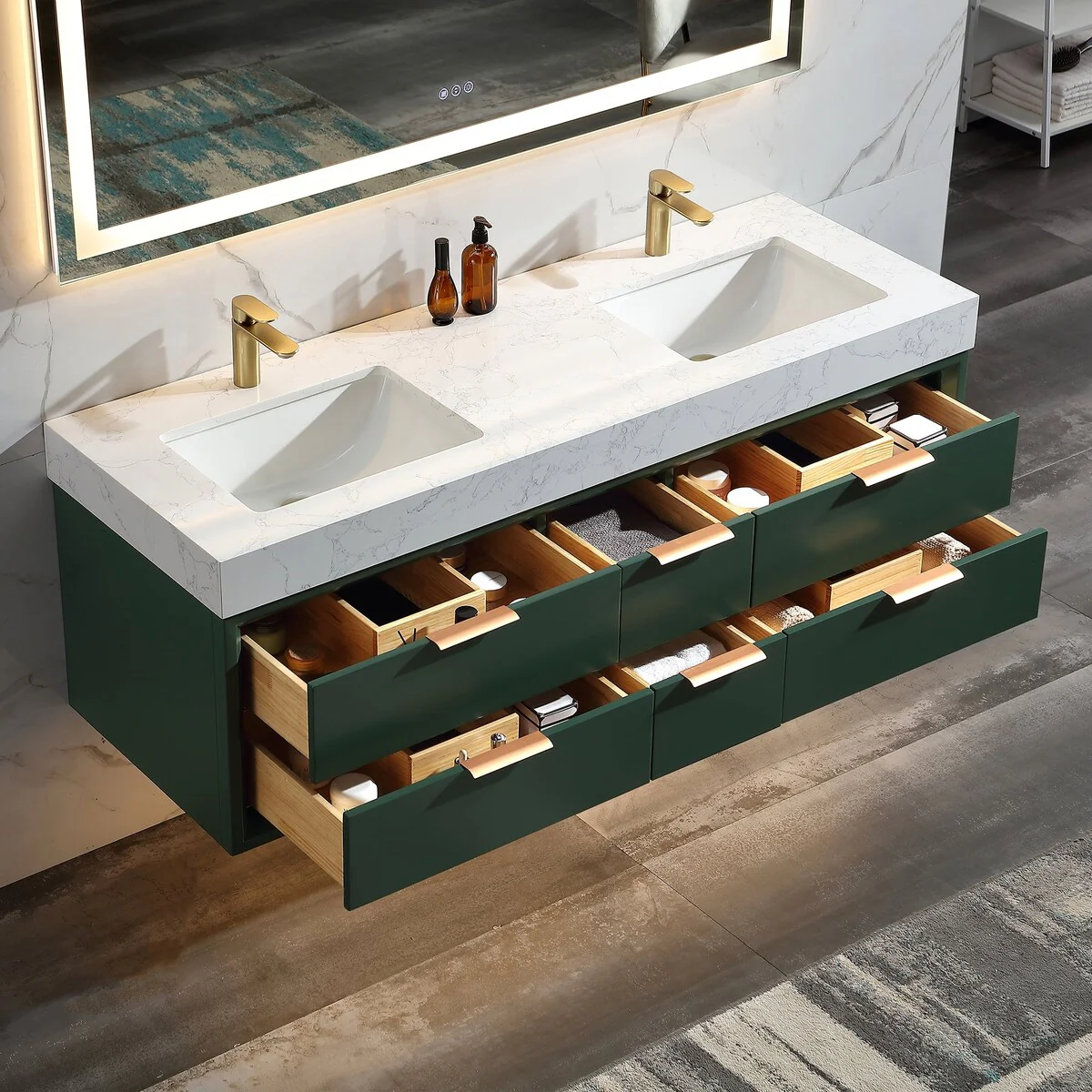 60 Inch Solid Wood Frame Wall-Mounted Bathroom Vanity Set with Double Ceramic Basin