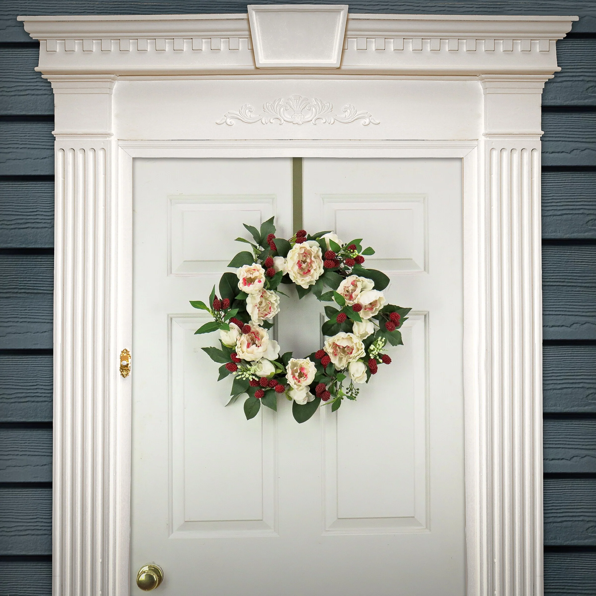 National Tree Company 22 inch Artificial Spring Wreath with Peony Flowers, Raspberries, and Leafy Greens, Realistic Floral Decor