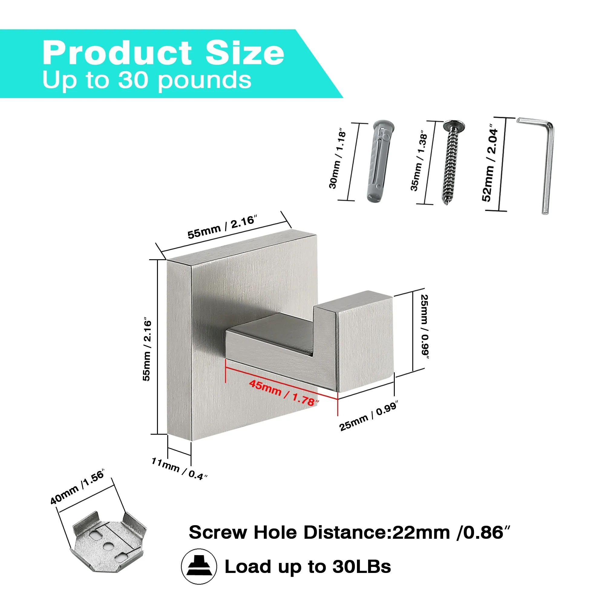 Wall Mounted 4-Piece Towel Hook Square Robe Hooks in Stainless Steel