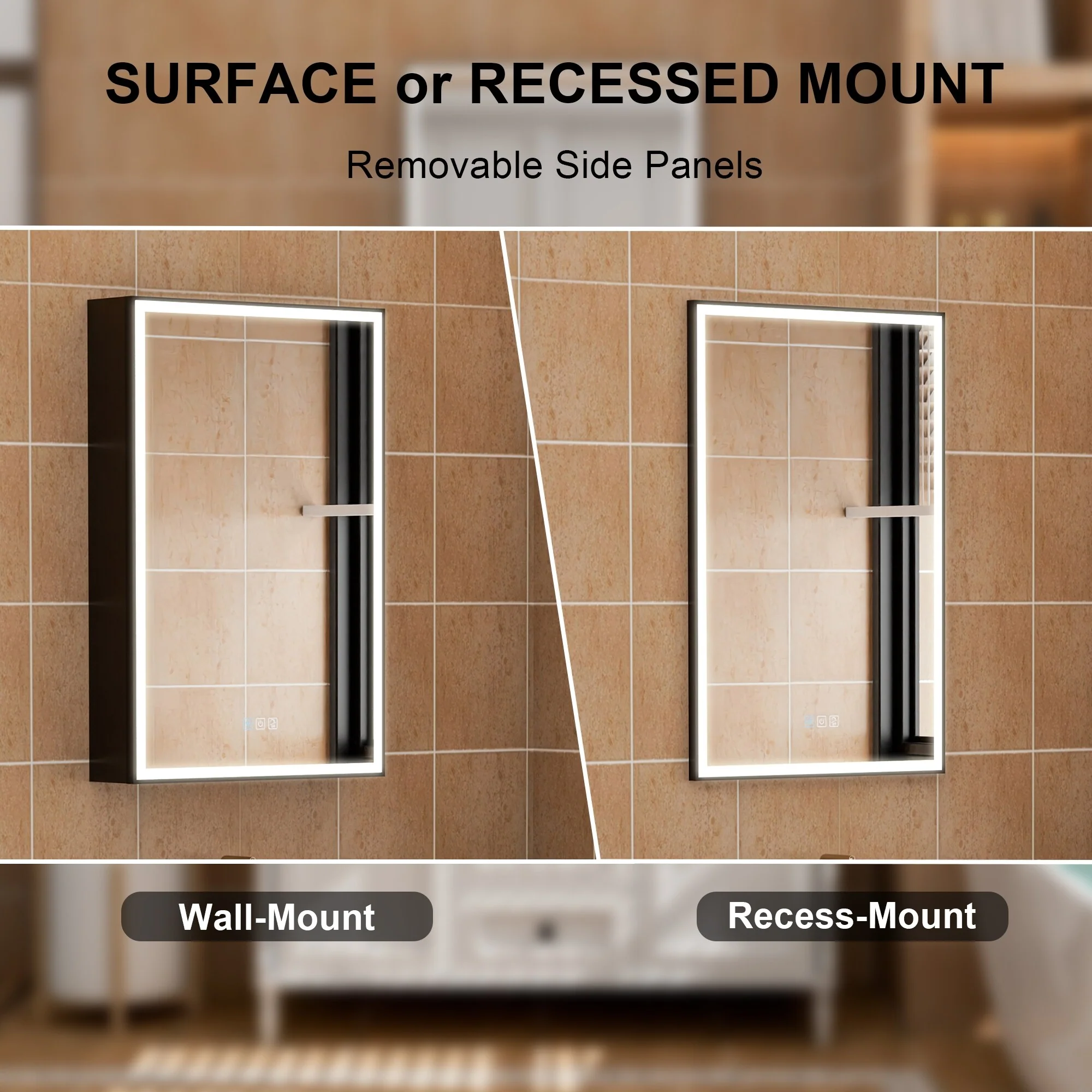 30'' H Recessed Or Surface Wall Mounted LED Mirror Cabinet With Mirror And Adjustable Shelves,Black Frame