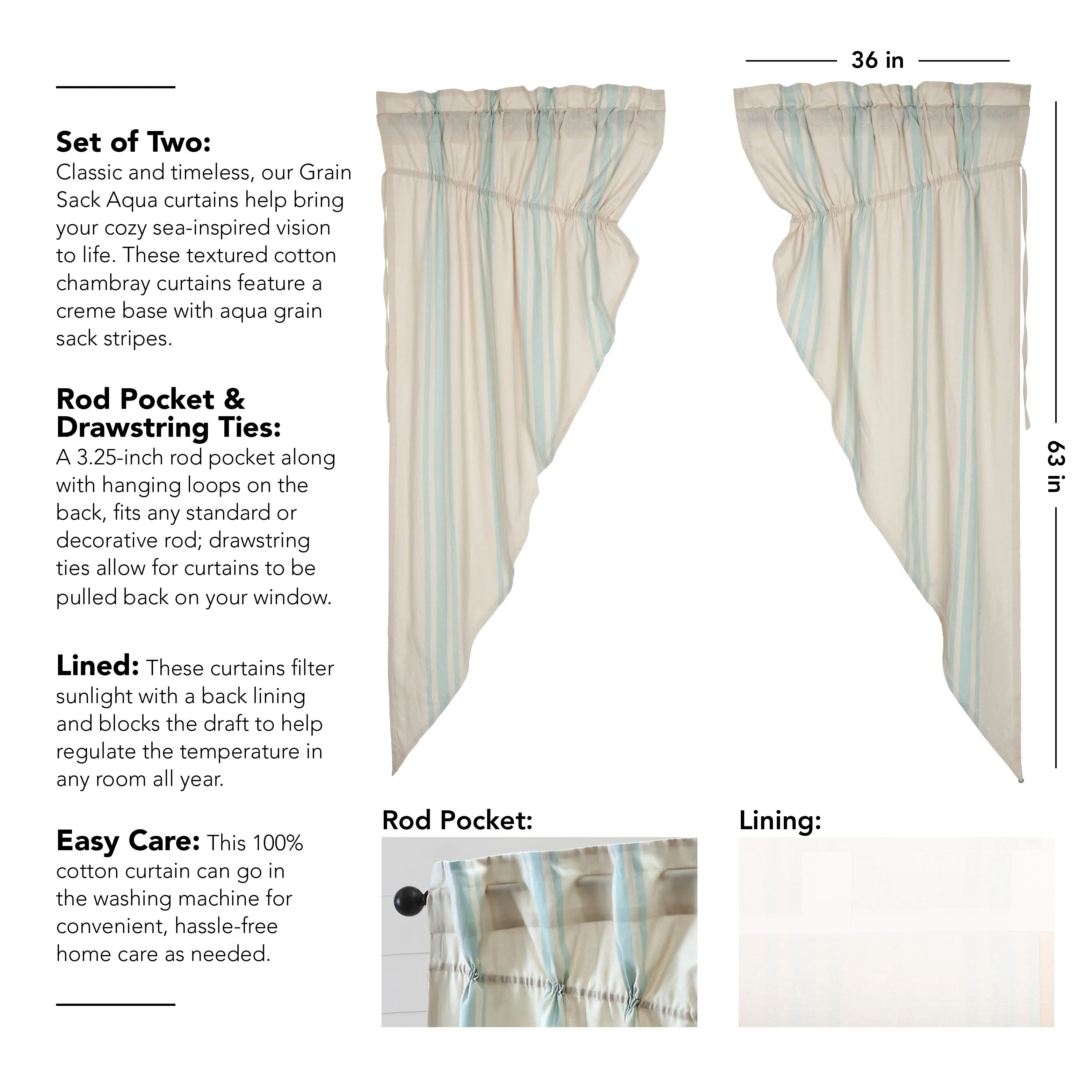 Grain Sack Aqua Prairie Short Panel Set of 2 63x36x18
