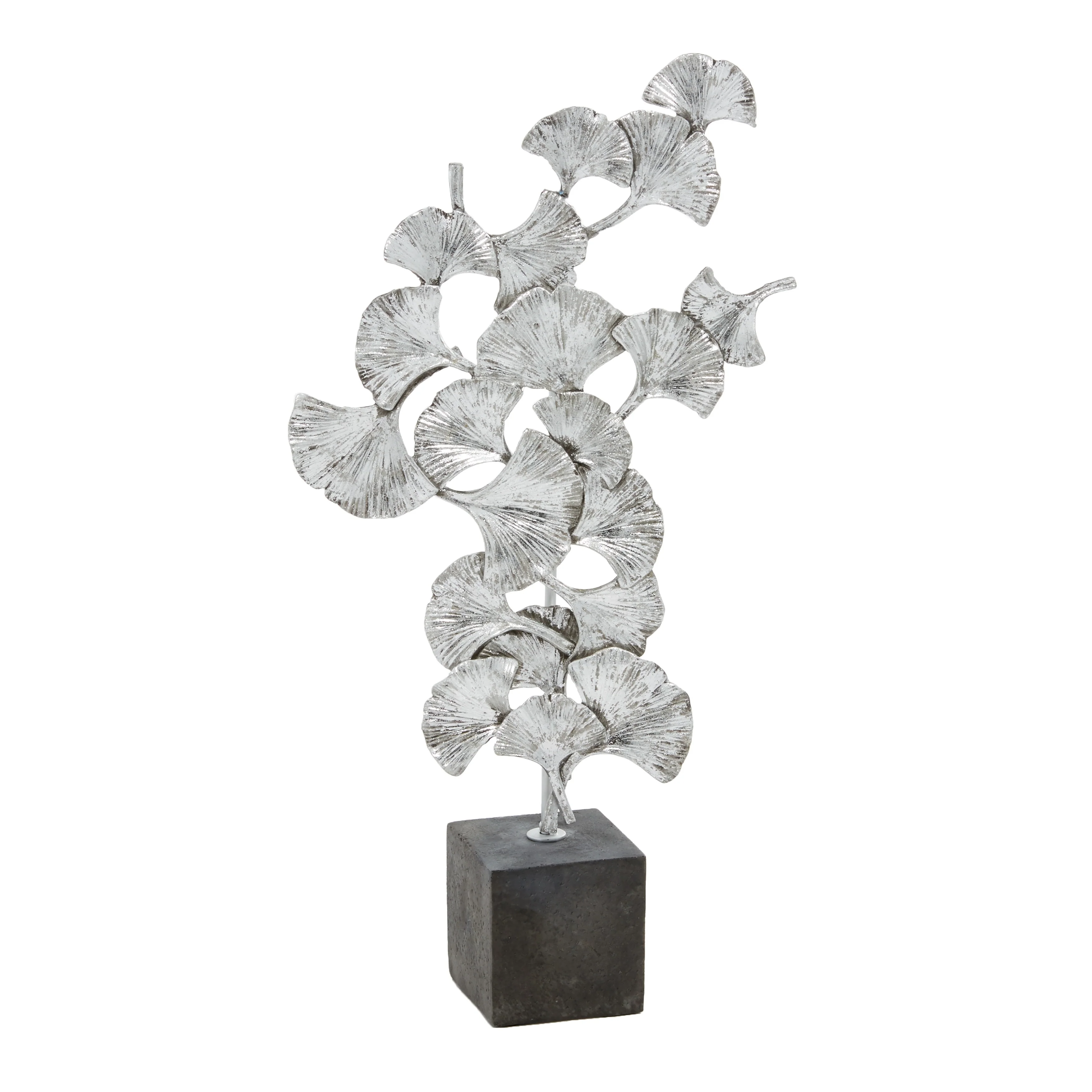 Silver Polystone Floral Decorative Sculpture with Black Block Base - 10 x 3 x 19
