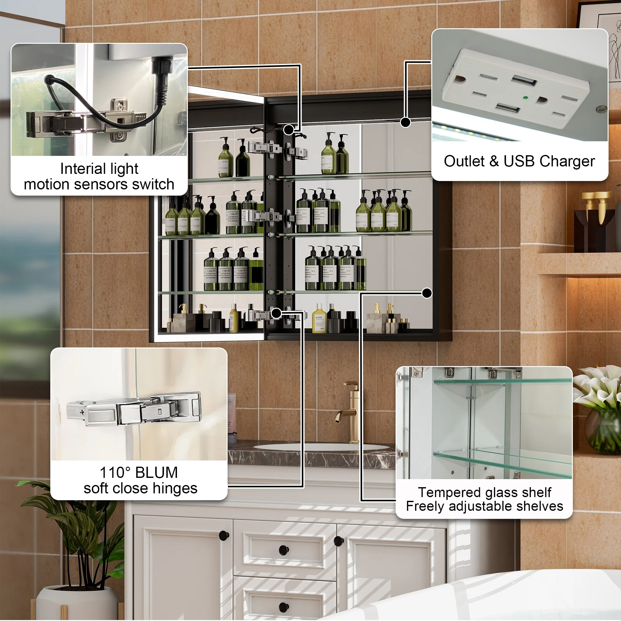 30'' H Recessed Or Surface Wall Mounted LED Mirror Cabinet With Mirror And Adjustable Shelves,Black Frame