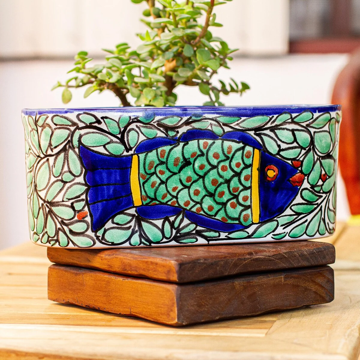 Novica Handmade Pescado Azul Talavera Ceramic Planter
