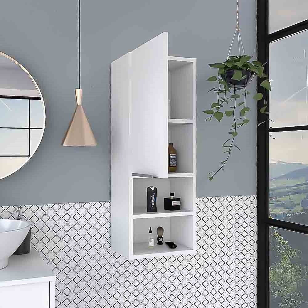 Modern Wood Medicine Cabinet, Compact Bathroom Medicine Cabinet with 1 Door and Open Shelves, 32.08 