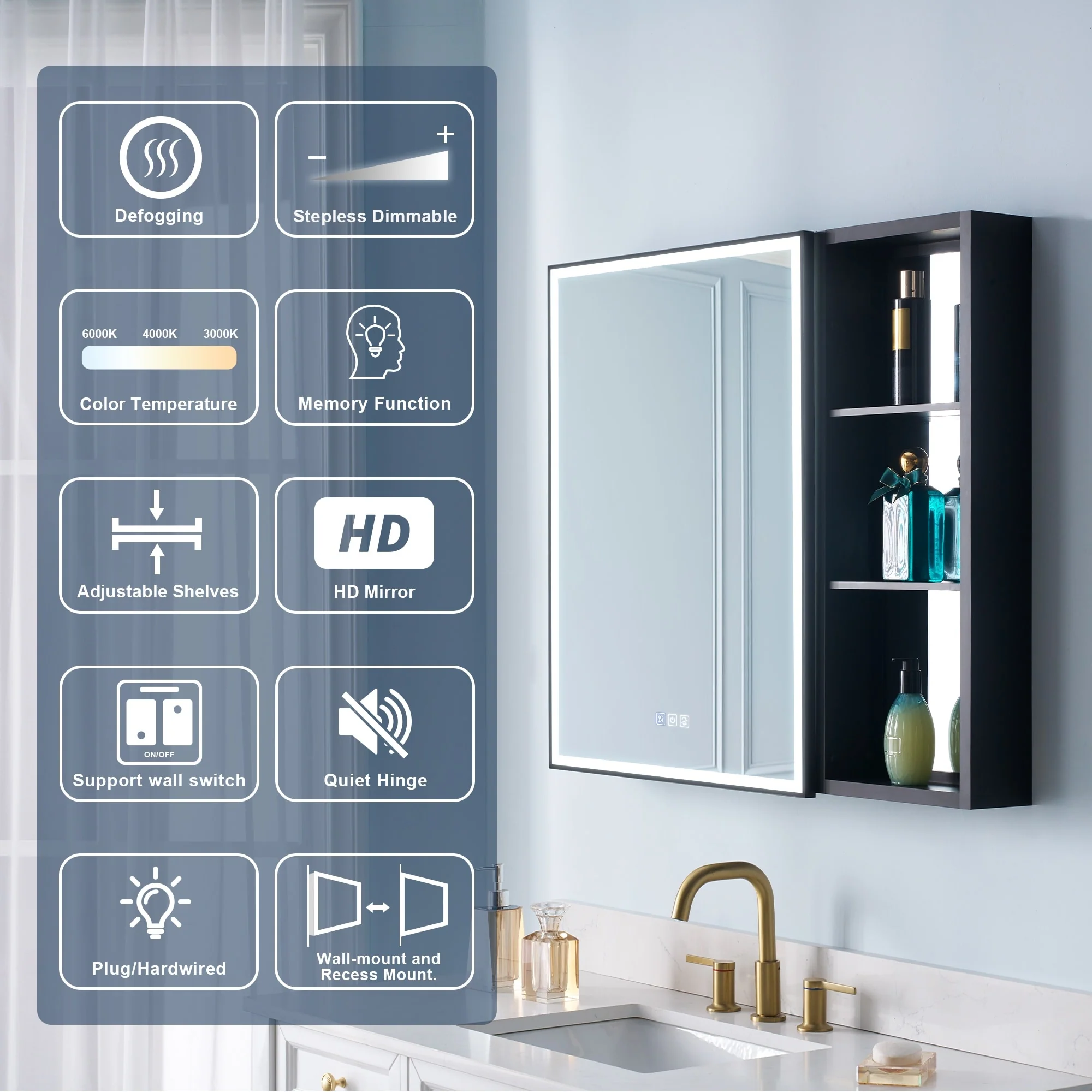 30 in. H Recessed or Surface Wall Mounted LED Mirror Cabinet With Black Side Cabinet