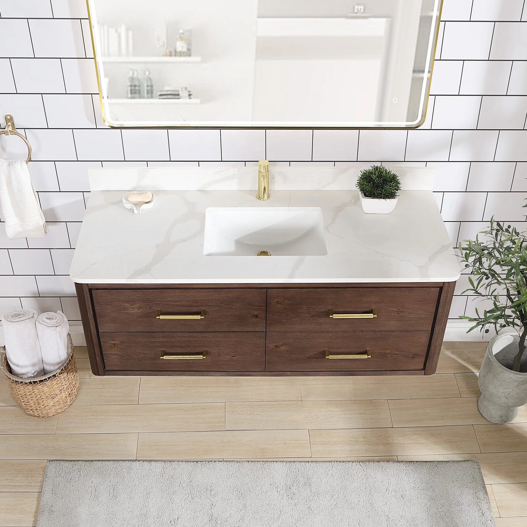 Cristo Floating Bath Vanity with White Quartz Stone Top and Mirror