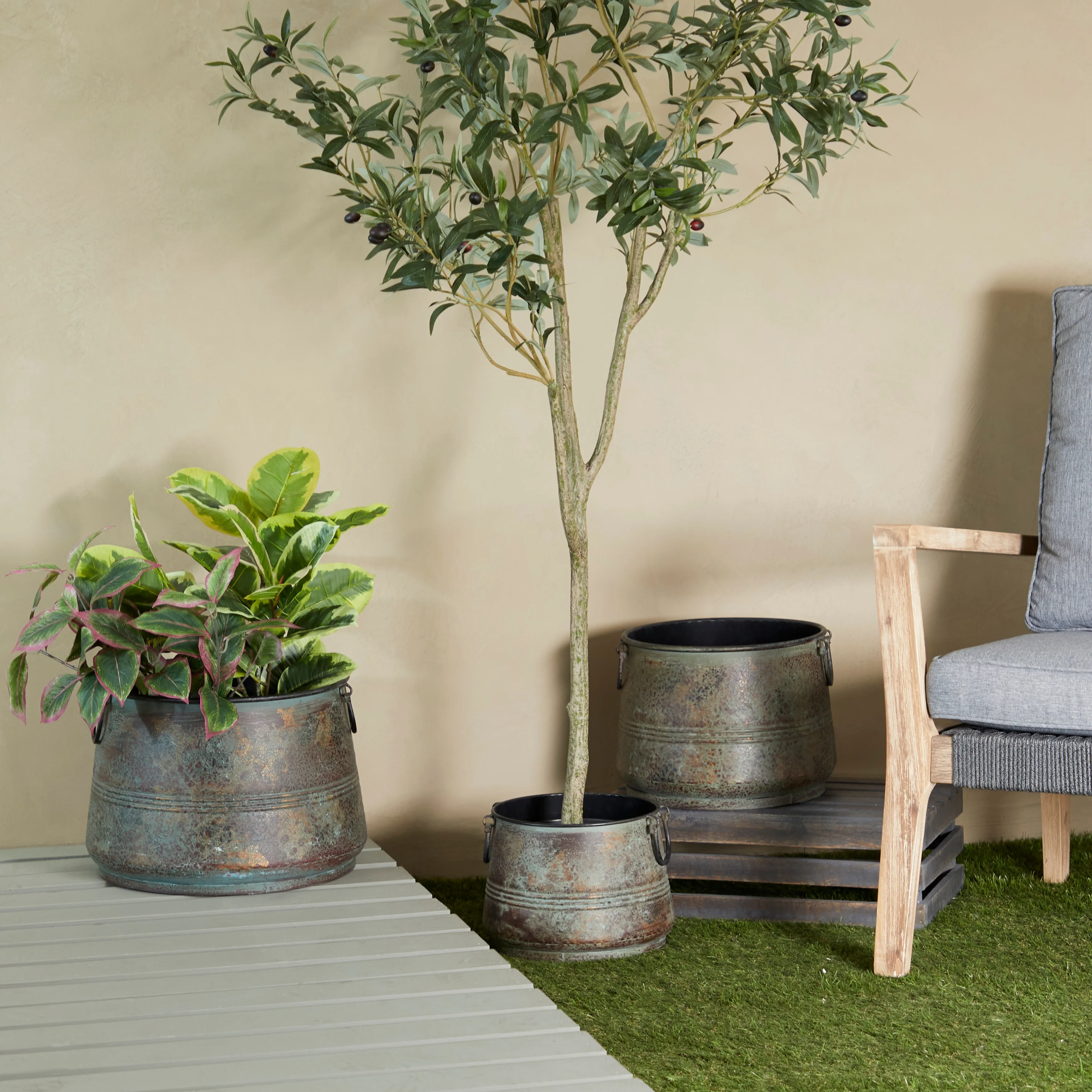 Metal Distressed Bucket Style Planter with Side Ring Handles - Set of 3 Bronze - Roche River Decor - 16