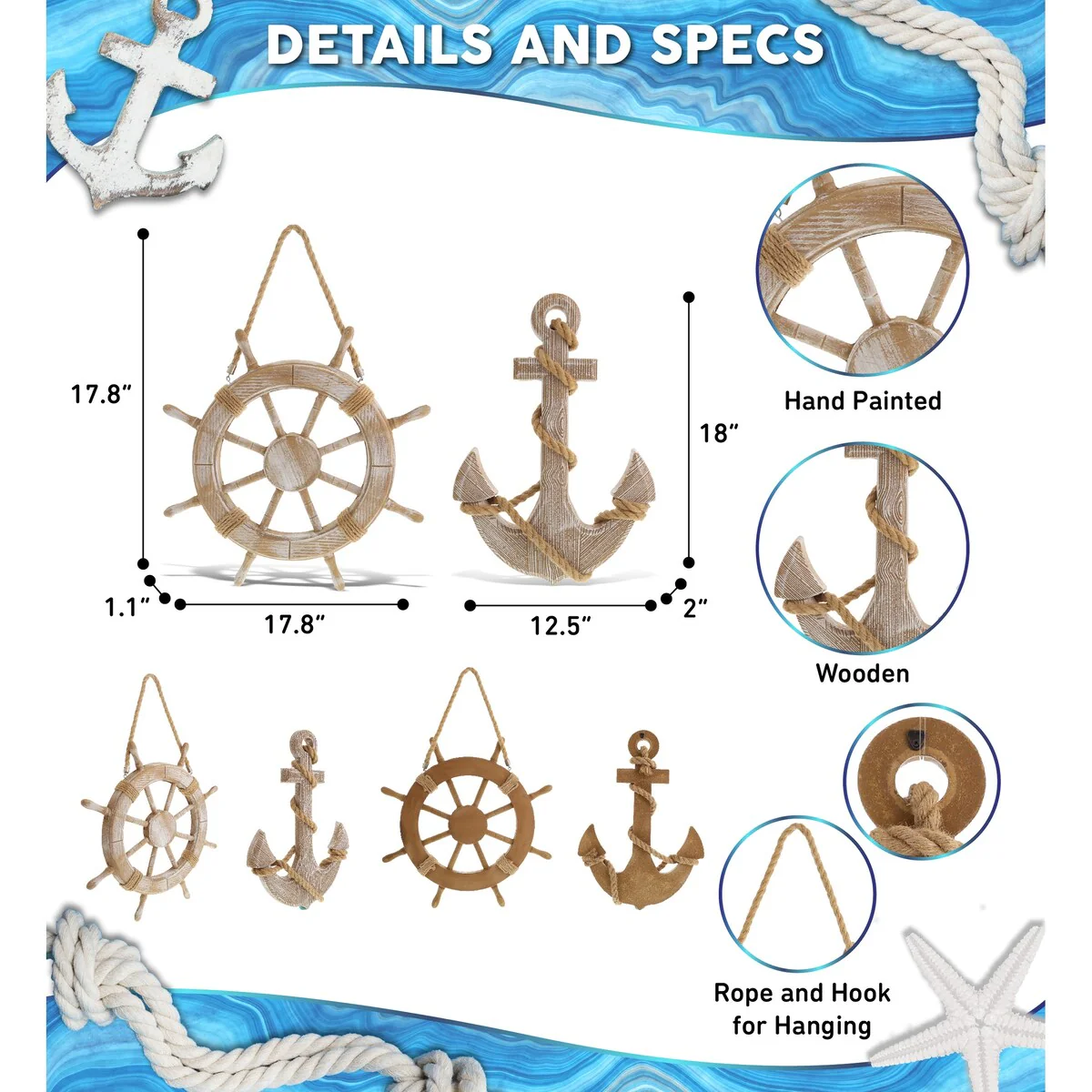 CoTa Global Baja Beach Wall Decor Anchor and Ship Wheel Set with Ropes - 18 Inches