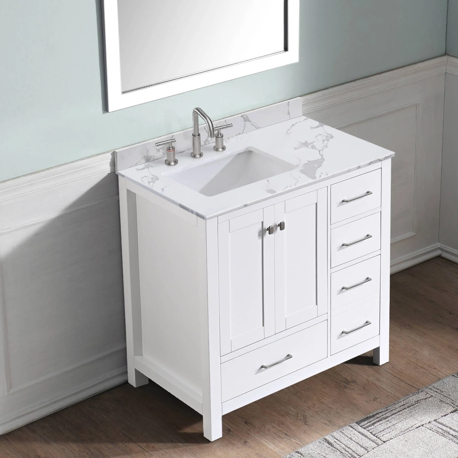 Prismatica 36 in. White Vanity with Countertop & Splash, Left Sink