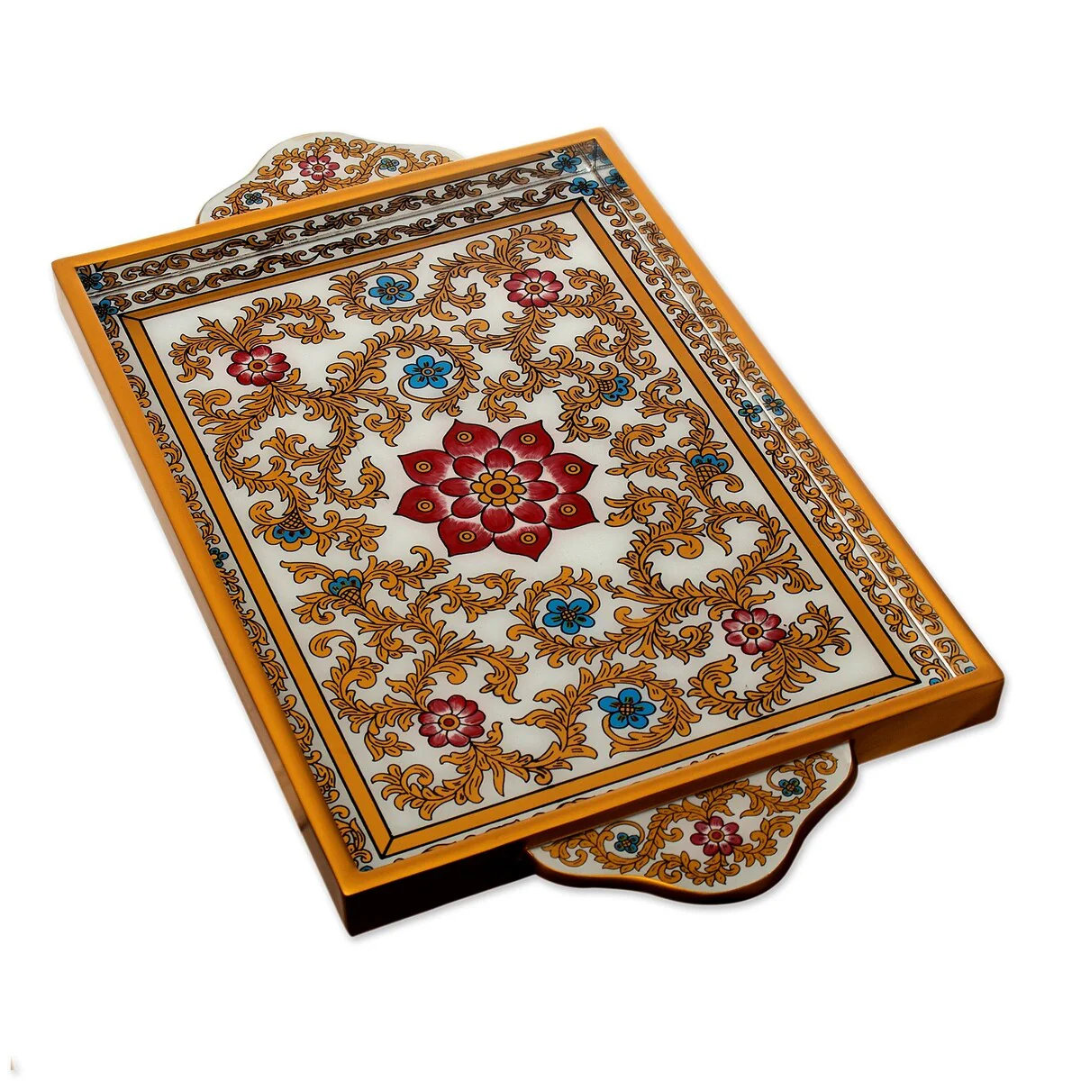 Novica Handmade Colonial Lotus Reverse-Painted Glass Tray