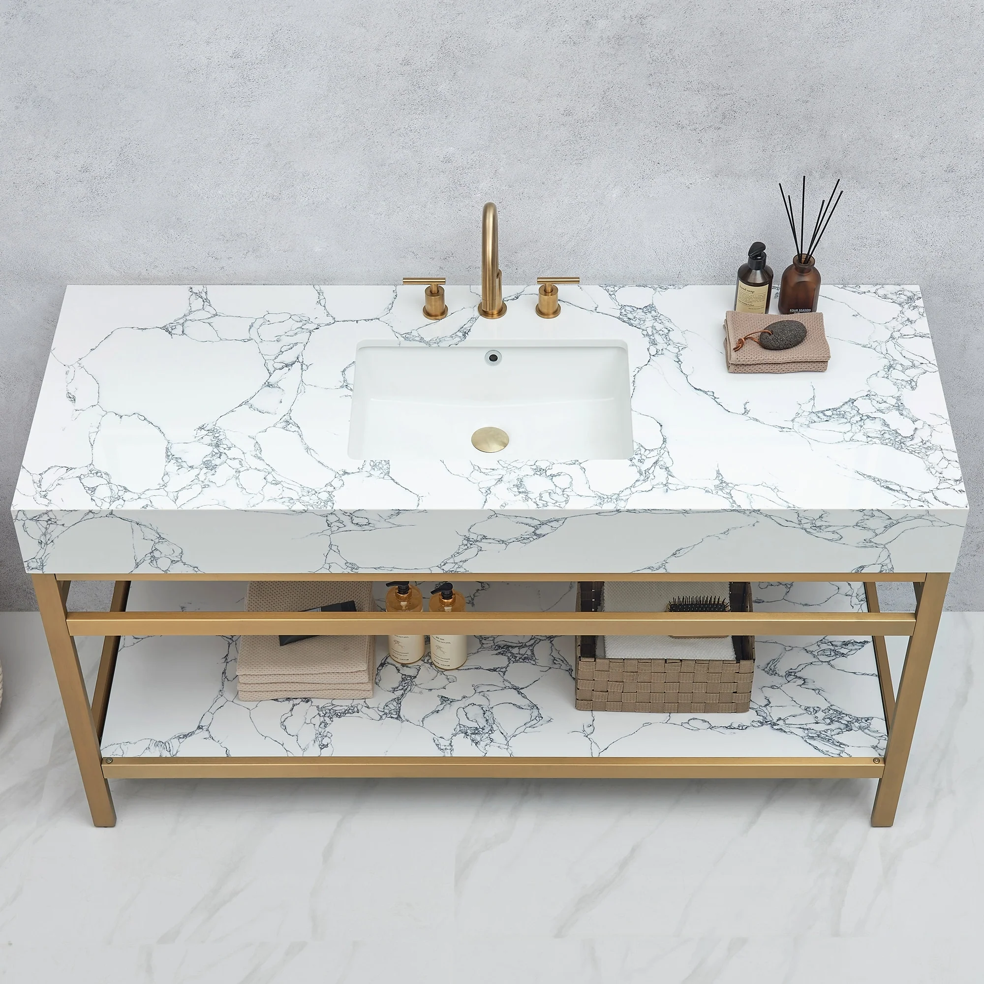 Ecija Bath Vanity, Metal Support with Composite Stone Top, no Mirror