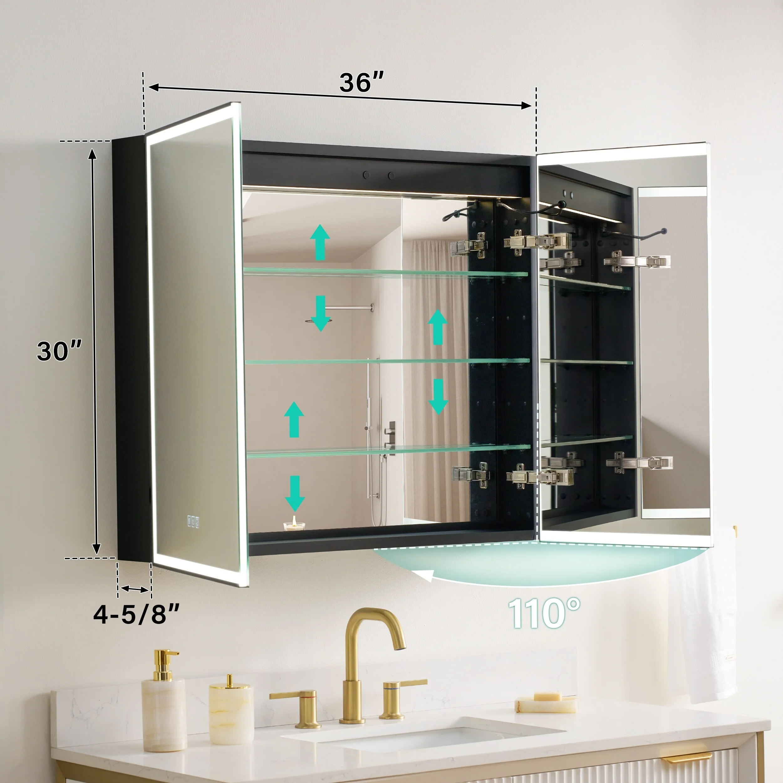 30'' H Recessed Or Surface Wall Mounted LED Mirror Cabinet With Mirror And Adjustable Shelves,Black Frame