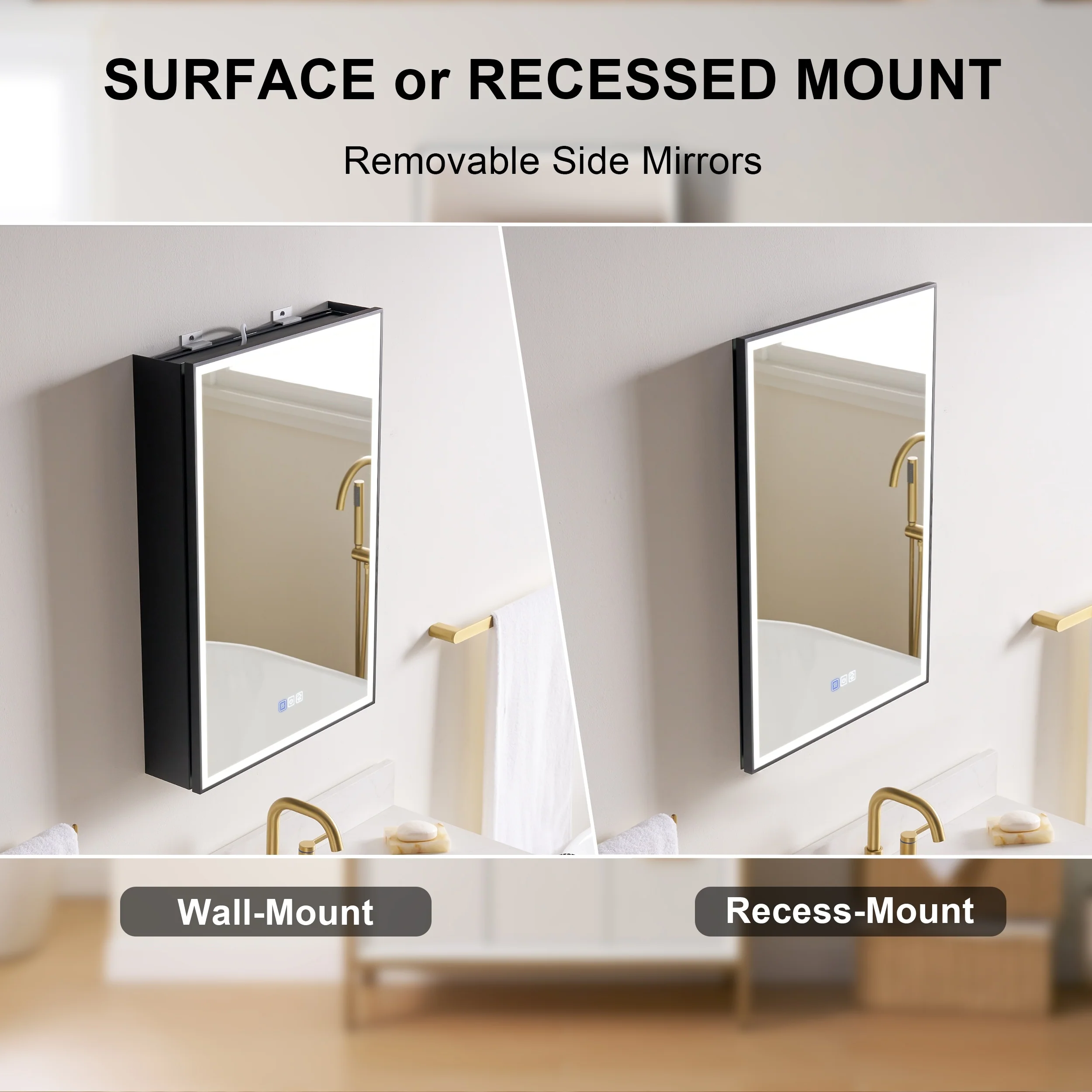 30'' H Recessed Or Surface Wall Mounted LED Mirror Cabinet With Mirror And Adjustable Shelves,Black Frame