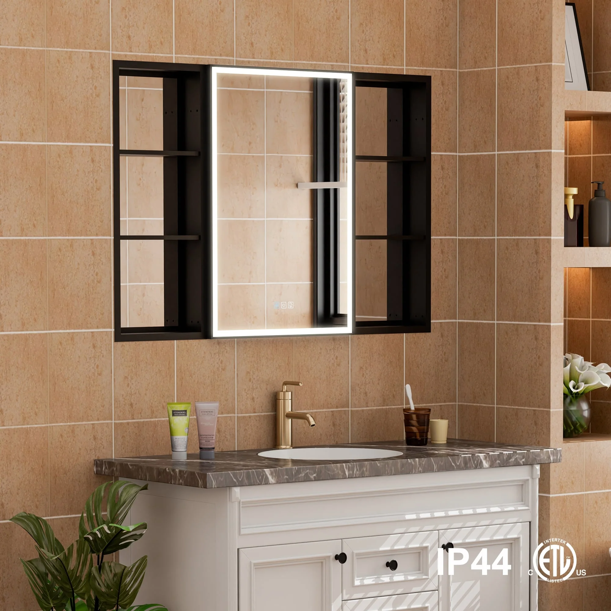 30 in. H Recessed or Surface Wall Mounted LED Mirror Cabinet With Black Side Cabinet