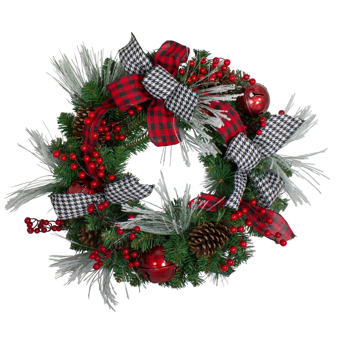 Plaid and Houndstooth and Red Berries Artificial Christmas Wreath - 24-Inch Unlit - 24