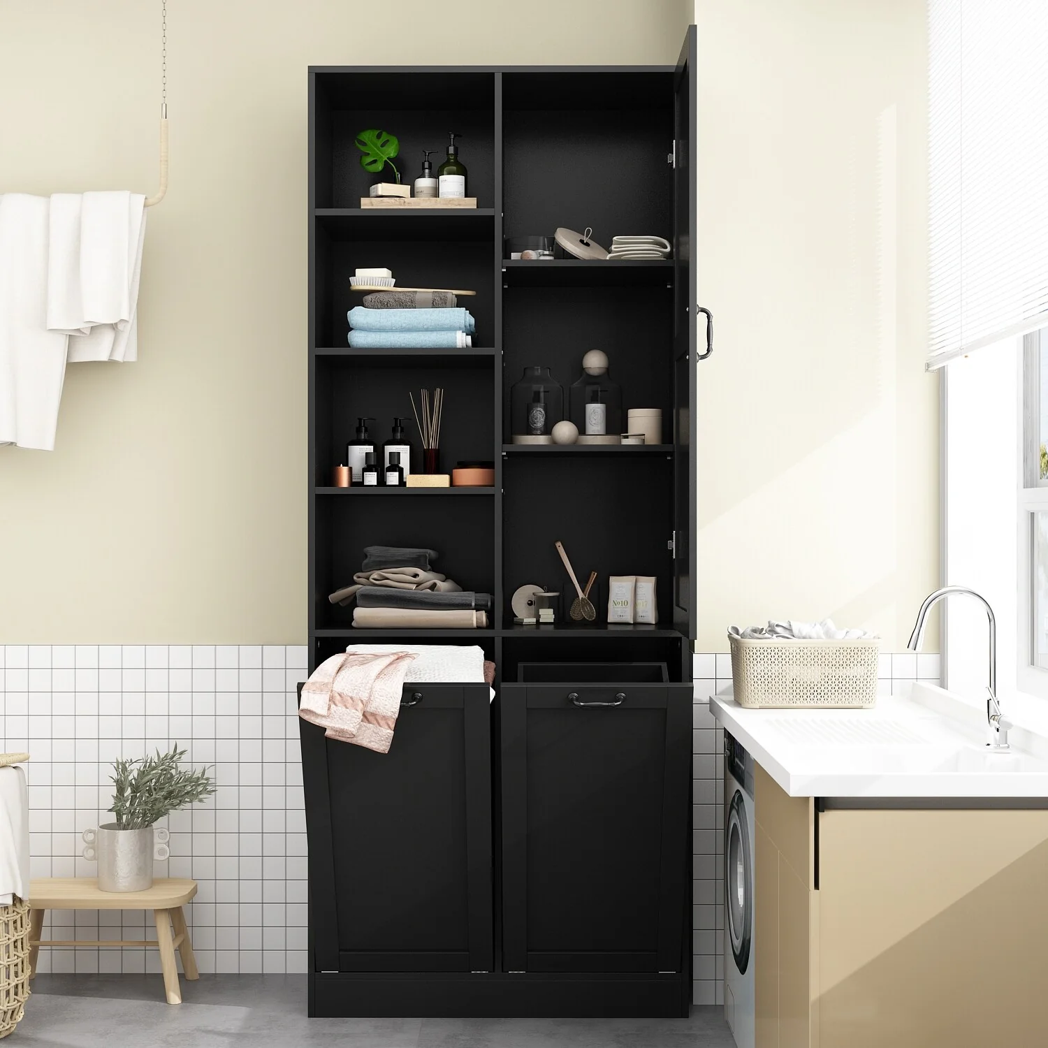 Sleek White Laundry Bathroom Cabinet with Unique Rotating Drawers