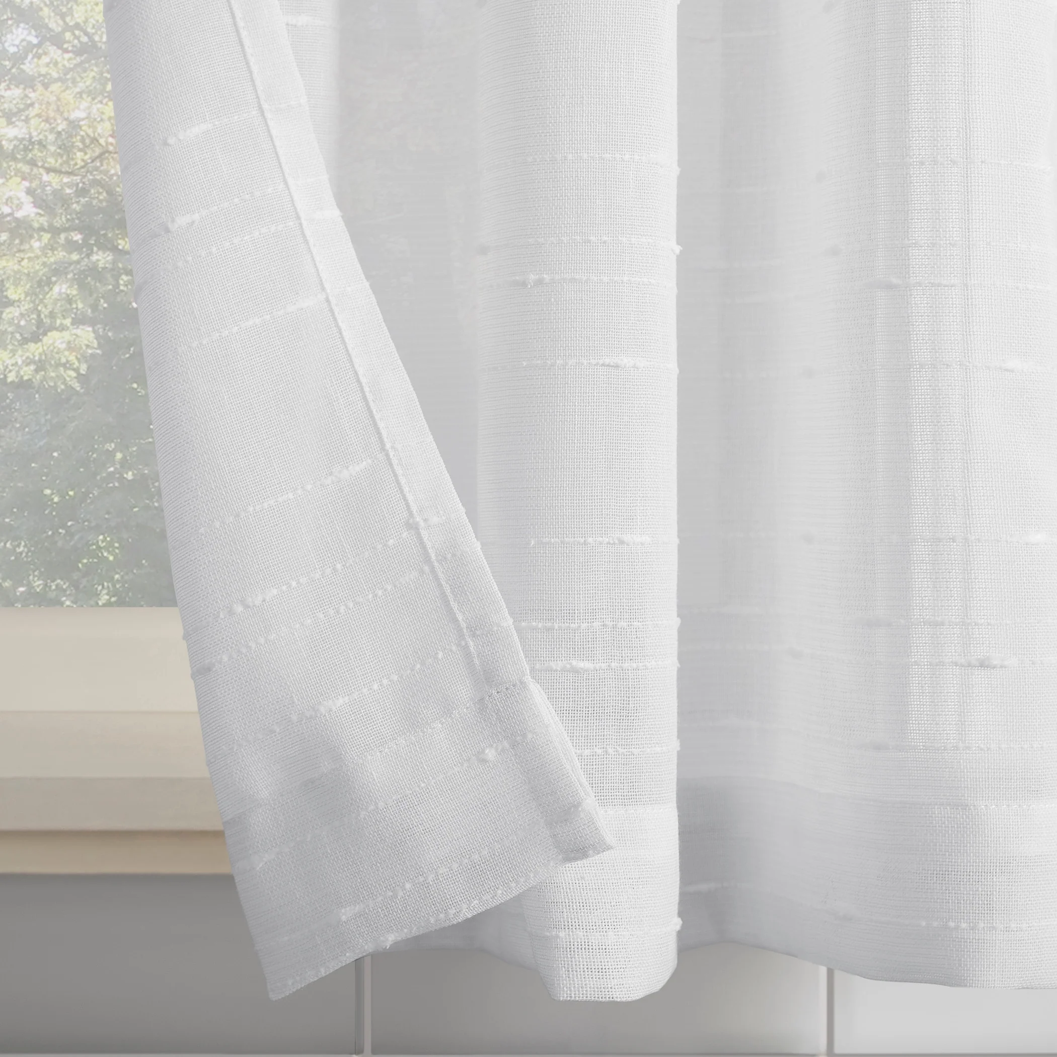 Clean Window Textured Slub Stripe Anti-Dust Linen Blend Sheer Cafe Curtain Pair