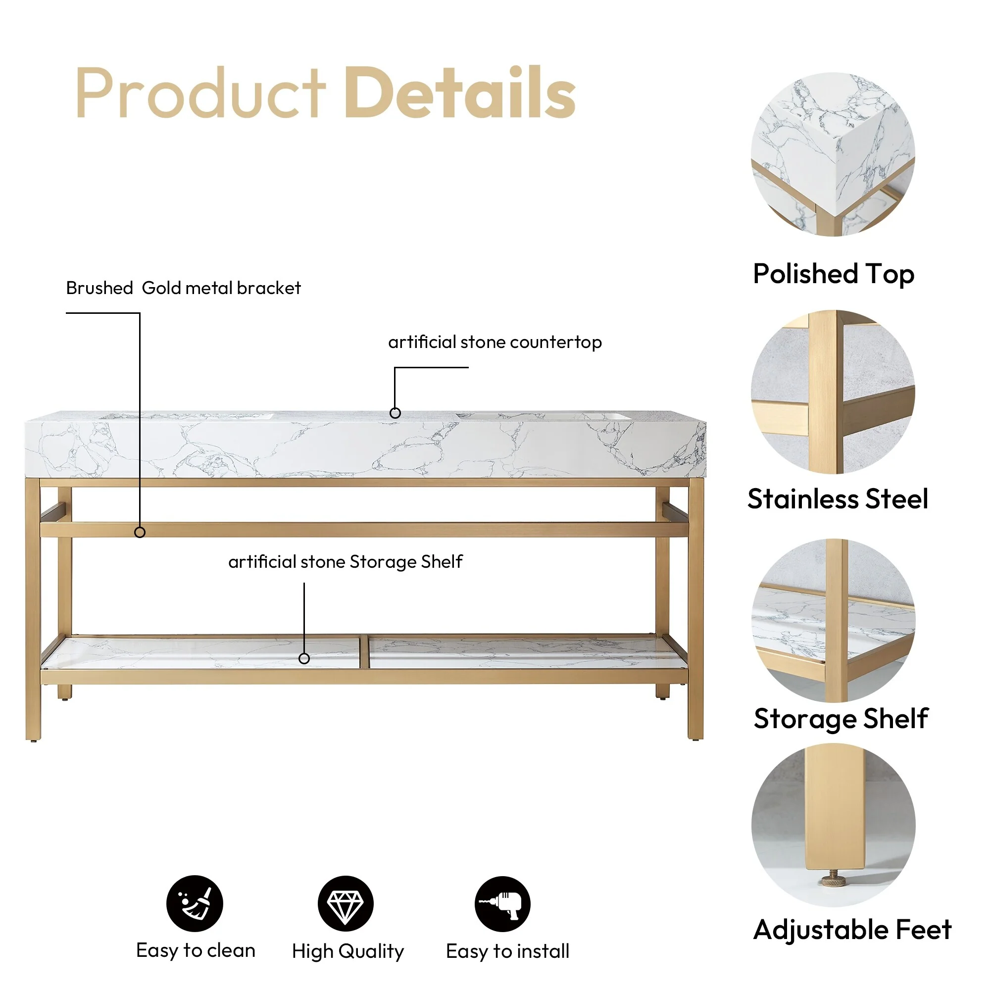 Ecija Bath Vanity, Metal Support with Composite Stone Top, no Mirror