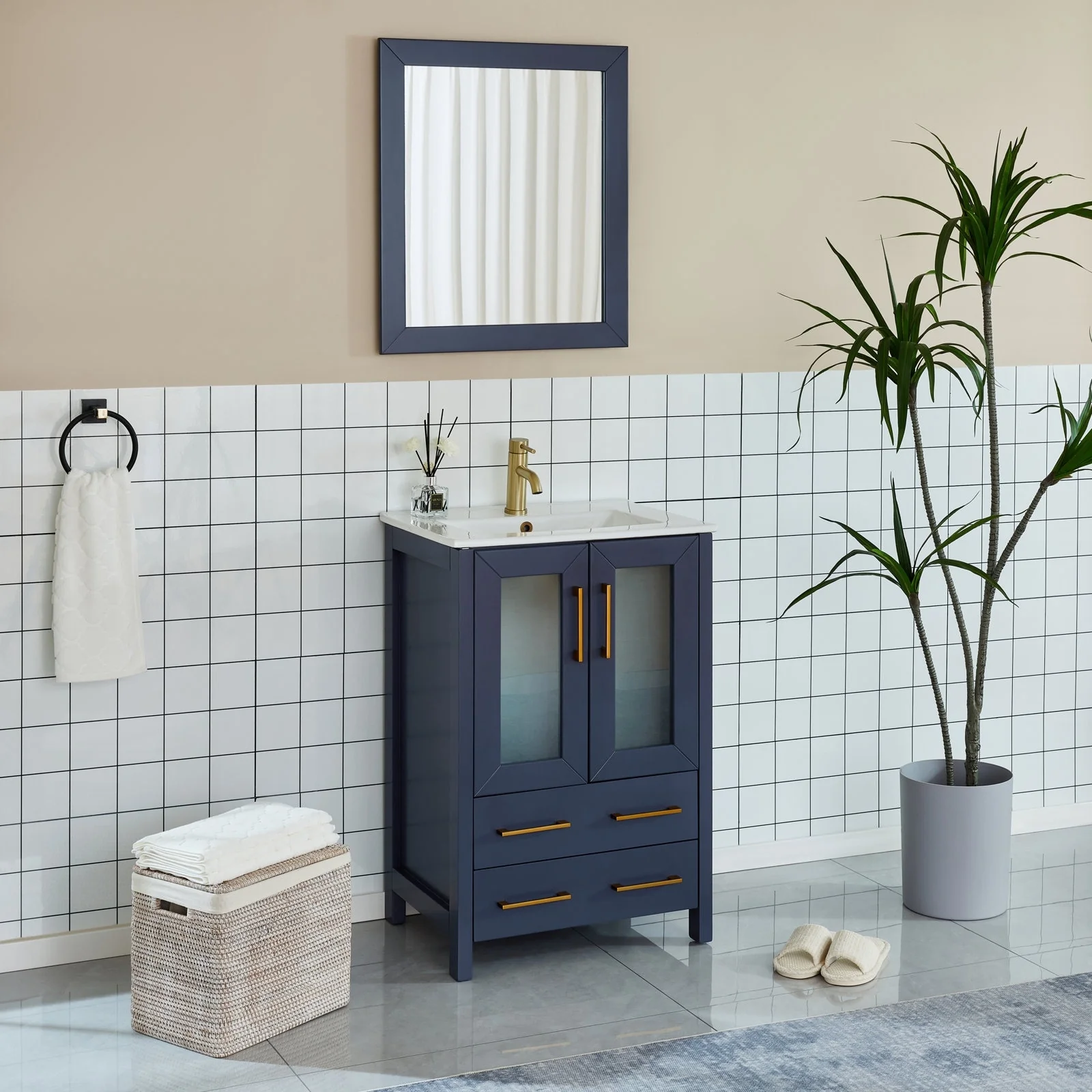 Vanity Art 24-Inch Single Sink Bathroom Vanity Set 2 Drawers, 1 Cabinet, 1 Shelf, Soft-Closing Doors with Free Mirror