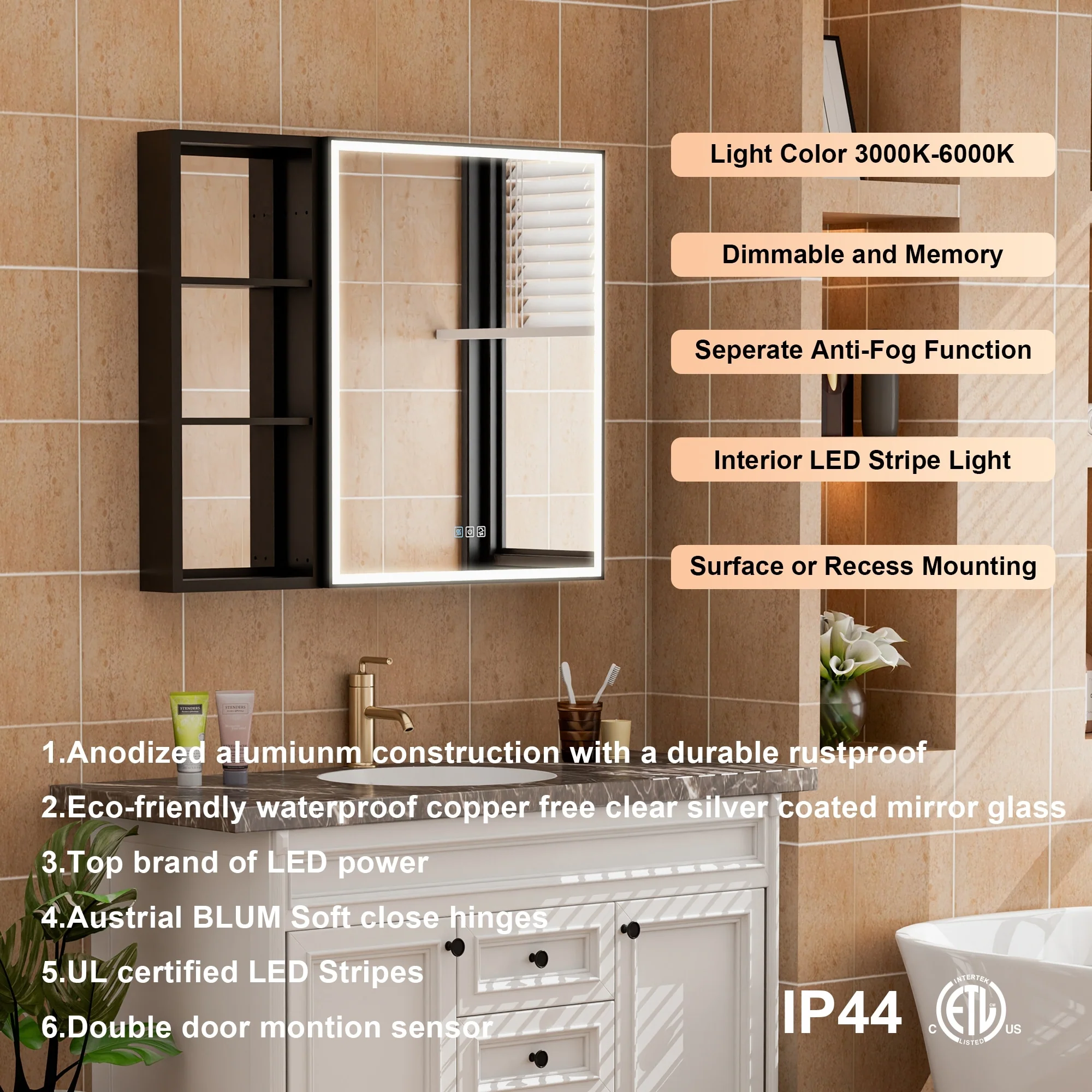 30 in. H Recessed or Surface Wall Mounted LED Mirror Cabinet With Black Side Cabinet