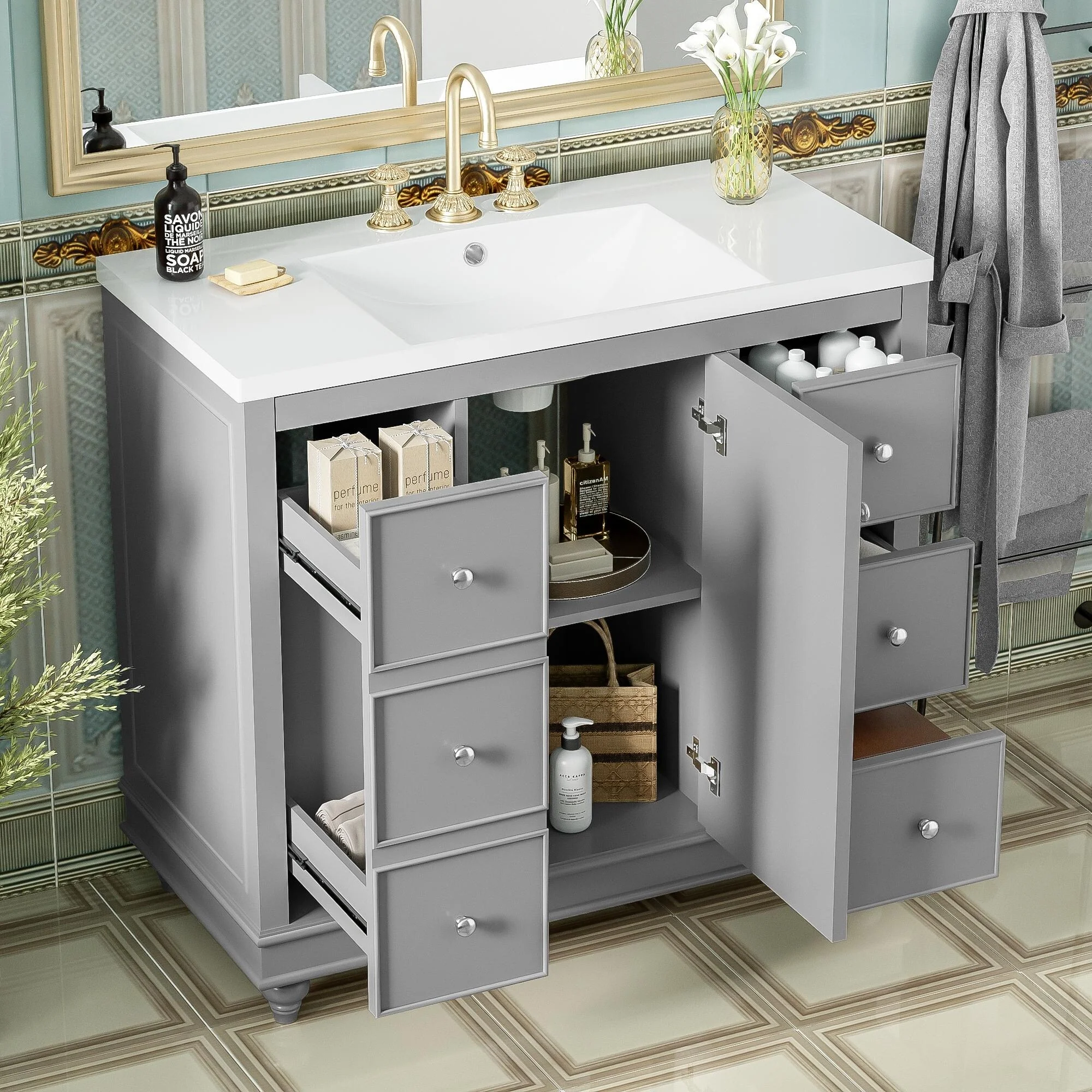 Bathroom Vanity with Sink, Bathroom Vanity Cabinet with 4 Drawers and 1 Door, Storage Cabinet with Adjustable Shelves
