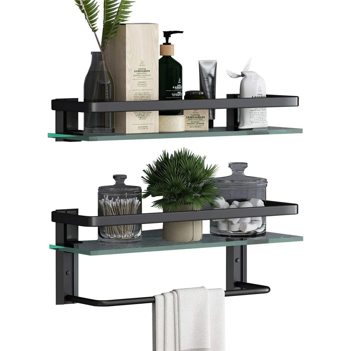 2 Tier Bathroom Wall Mounted Floating Glass Shelves with Towel Holder