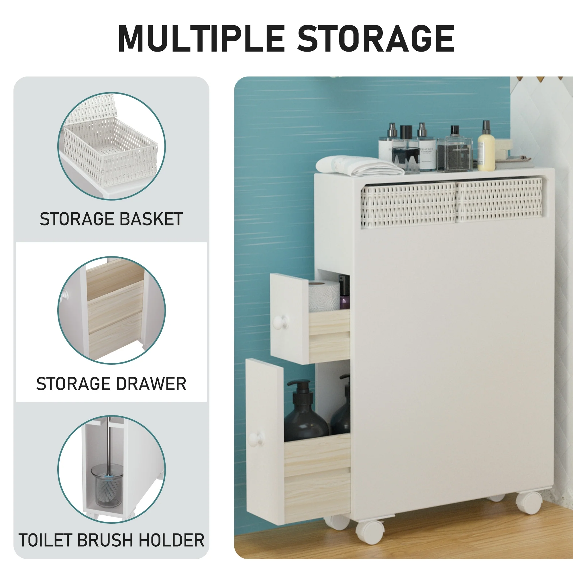 Freestanding Wooden Storage Cabinet with Storage Basket for Narrow Bathroom