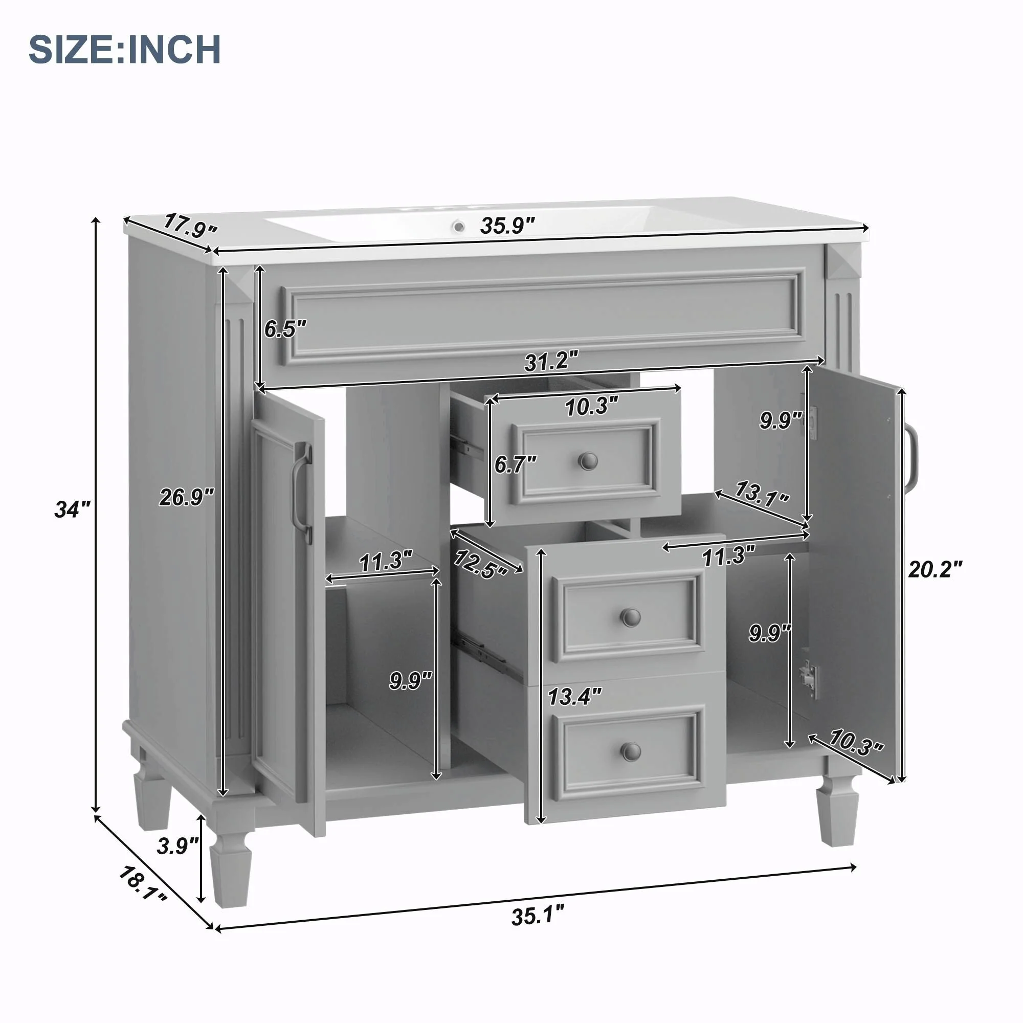 36'' Modern Bathroom Vanity with Top Sink, Soft-Closing Doors, and Drawers