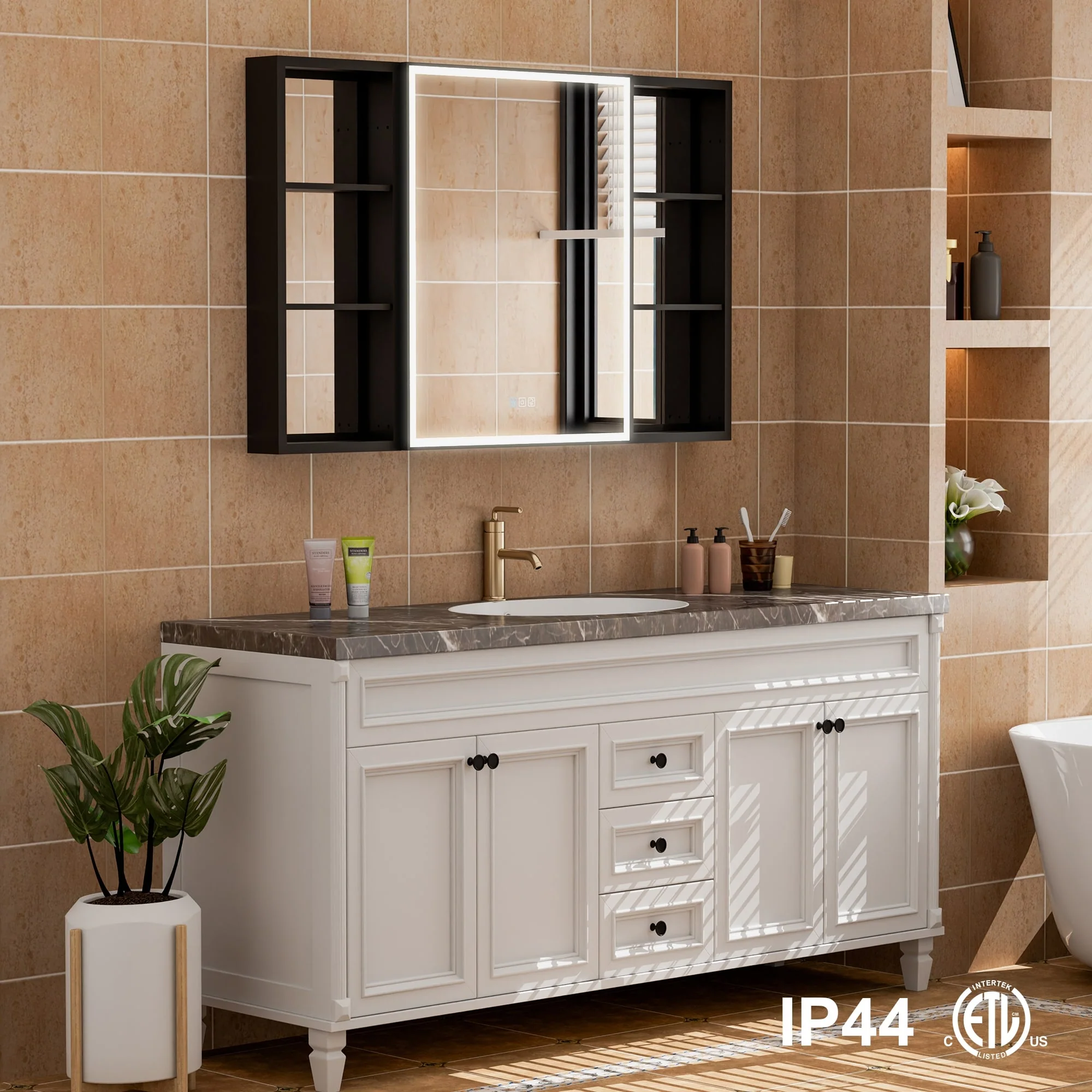 30 in. H Recessed or Surface Wall Mounted LED Mirror Cabinet With Black Side Cabinet