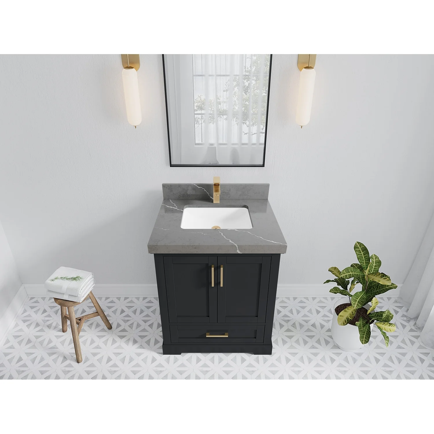 Willow Collection 30 in W x 22 in D x 36 in H Reeded Boston Single Bowl Sink Bathroom Vanity with Quartz or Marble Countertop