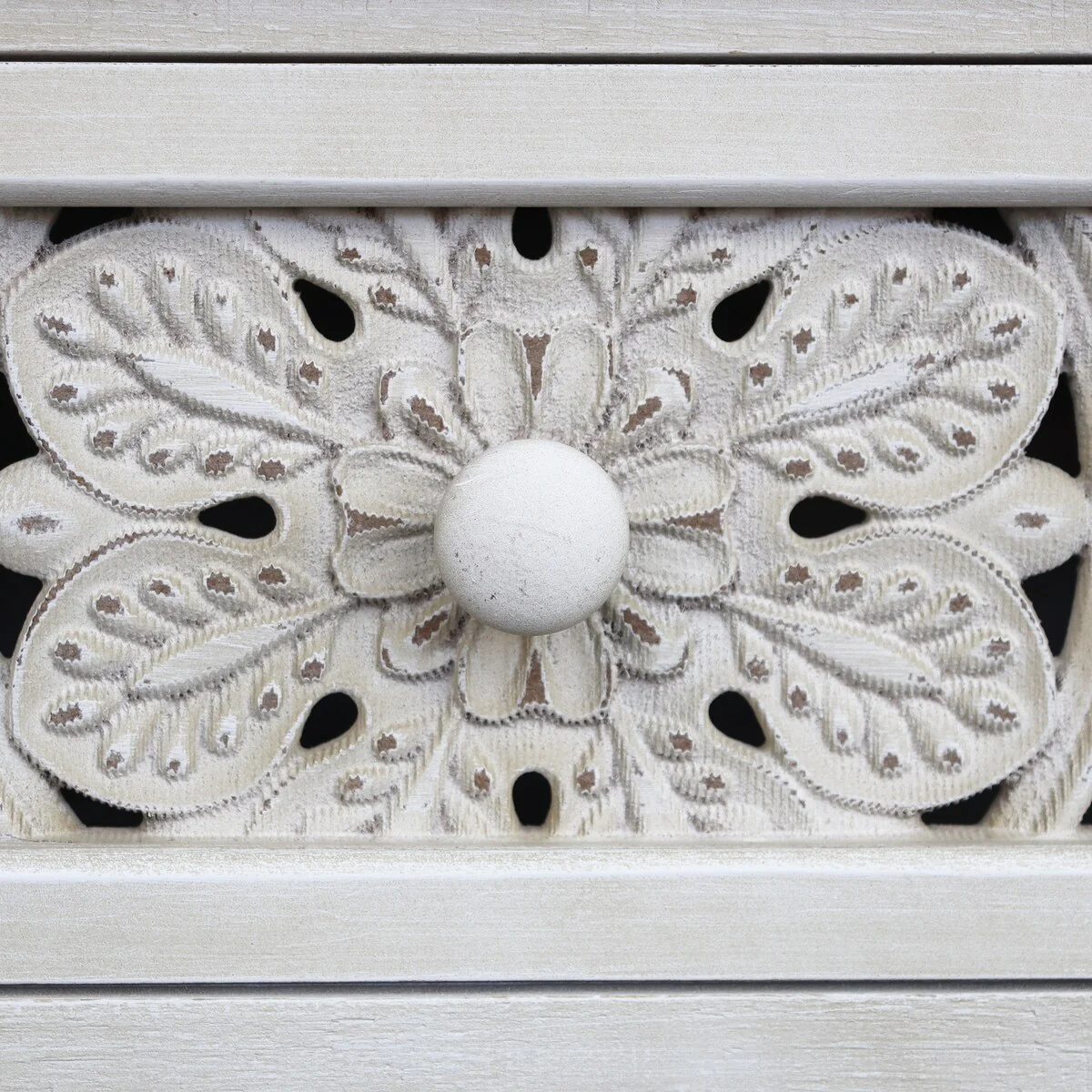 Rustic Hollow-Carved Wood Storage Cabinet with 1 Drawer and 2 Doors, Antique White, 31