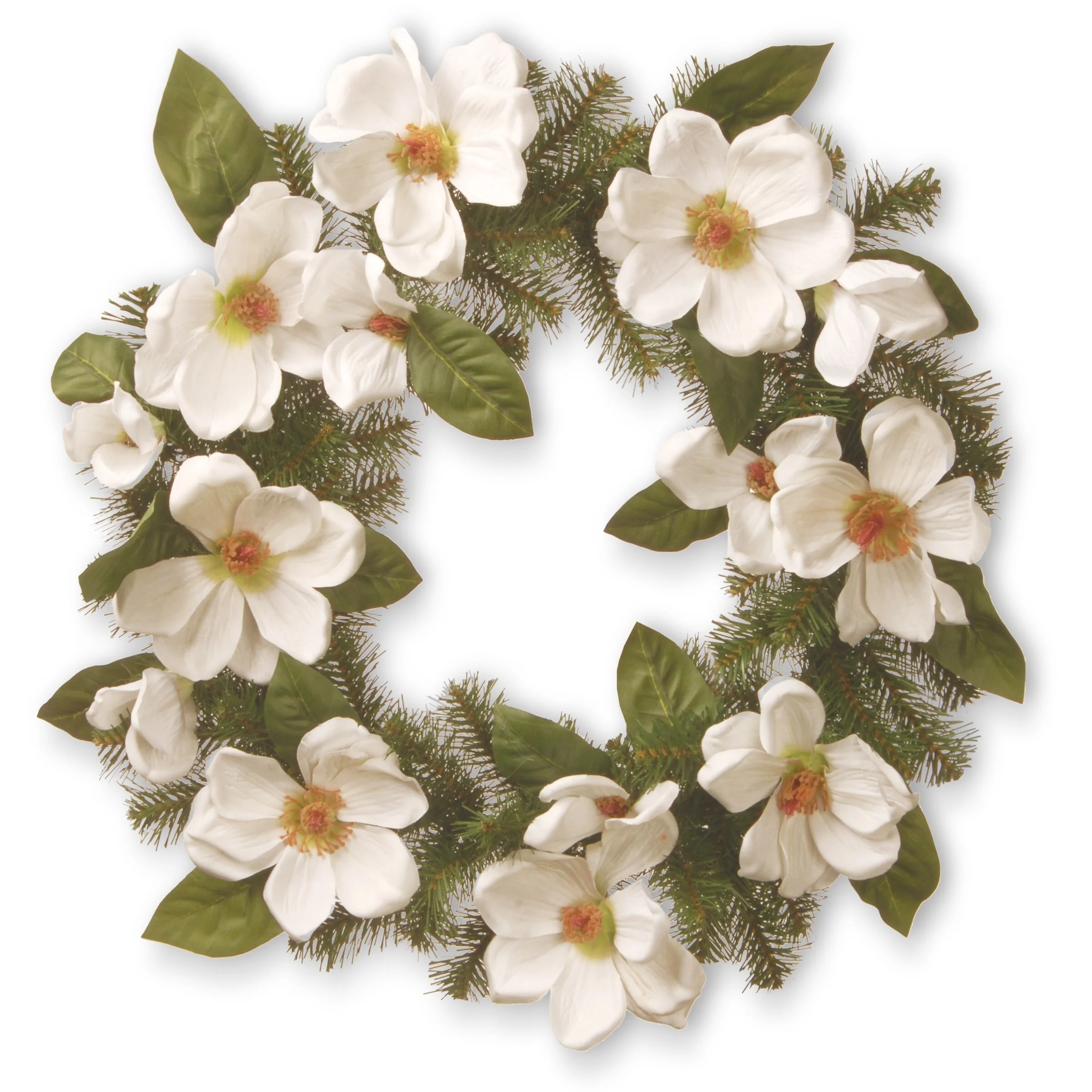 National Tree Company 24 inch Artificial Spring Wreath with North Valley Spruce, Magnolia Flower Blooms, and Evergreen Branch