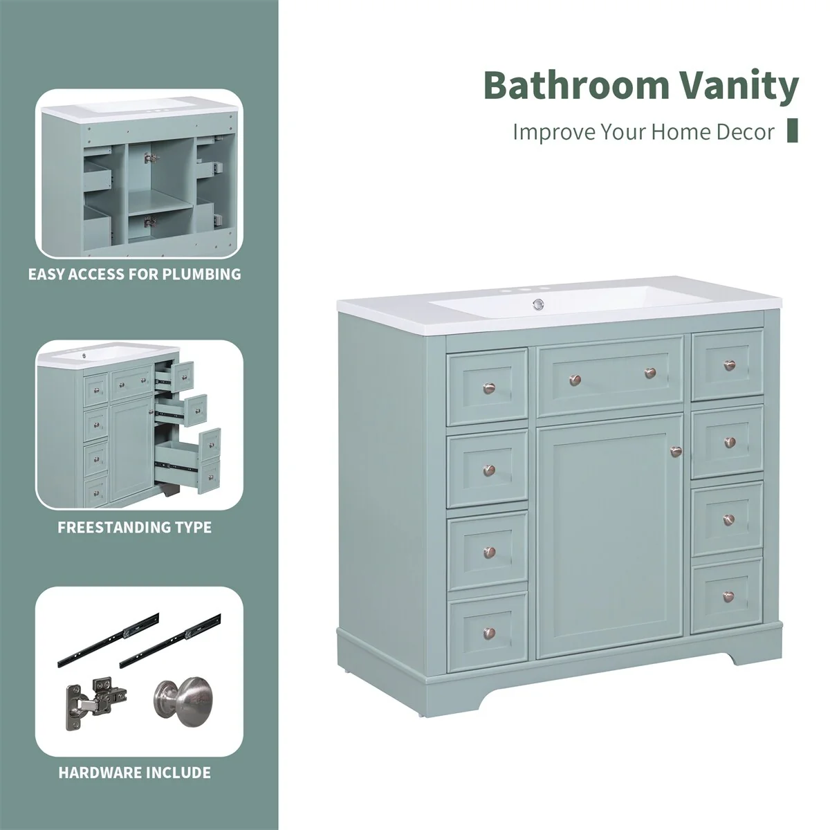 Bathroom Vanity without Sink,Cabinet Base Only,One Cabinet&Six Drawers