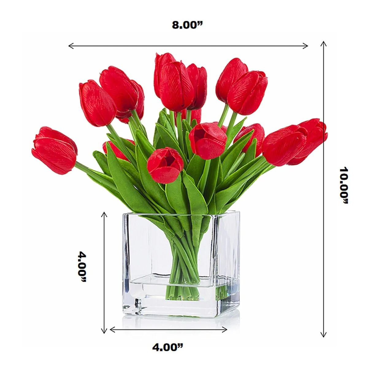 Enova Home 20 Pieces Artificial Real Touch Tulips Fake Silk Flowers Arrangement in Cube Glass Vase with Faux Water