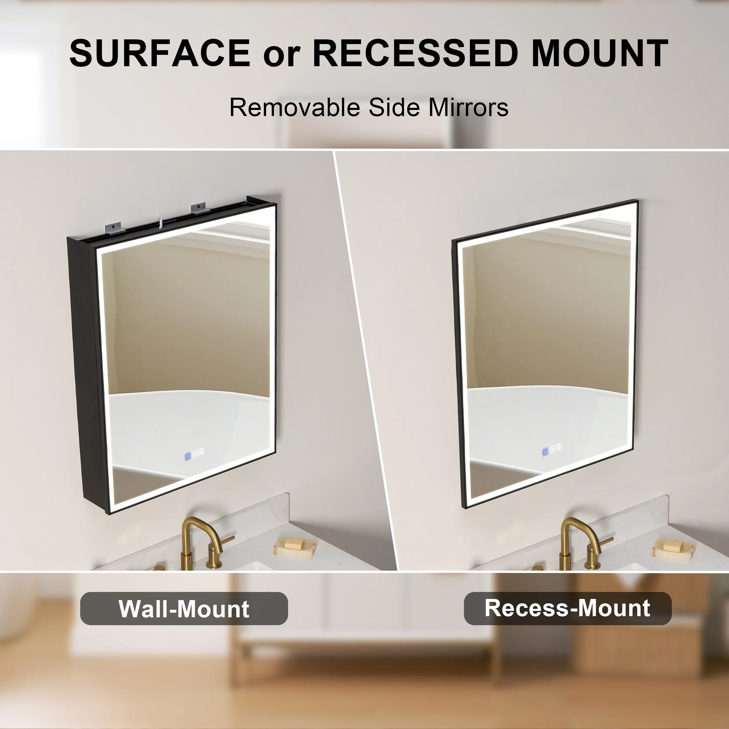 30'' H Recessed Or Surface Wall Mounted LED Mirror Cabinet With Mirror And Adjustable Shelves,Black Frame