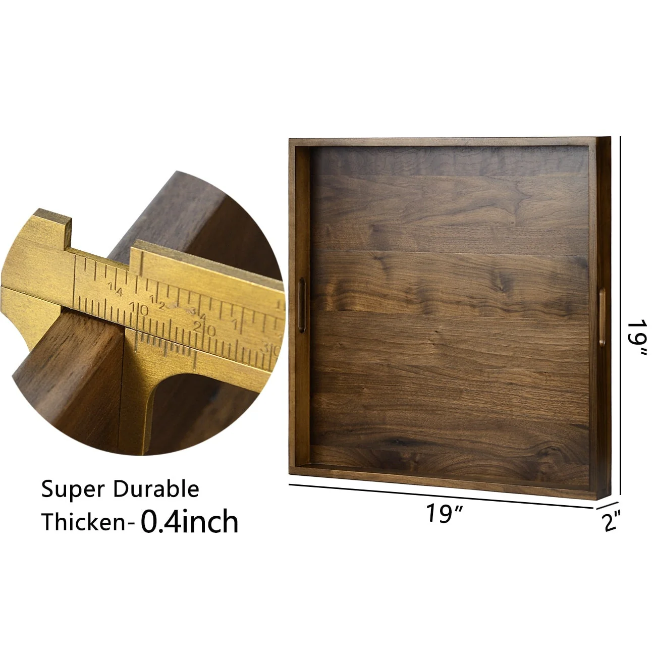 KINWELL Square Black Walnut Wood Serving Tray Ottoman Tray with Handles